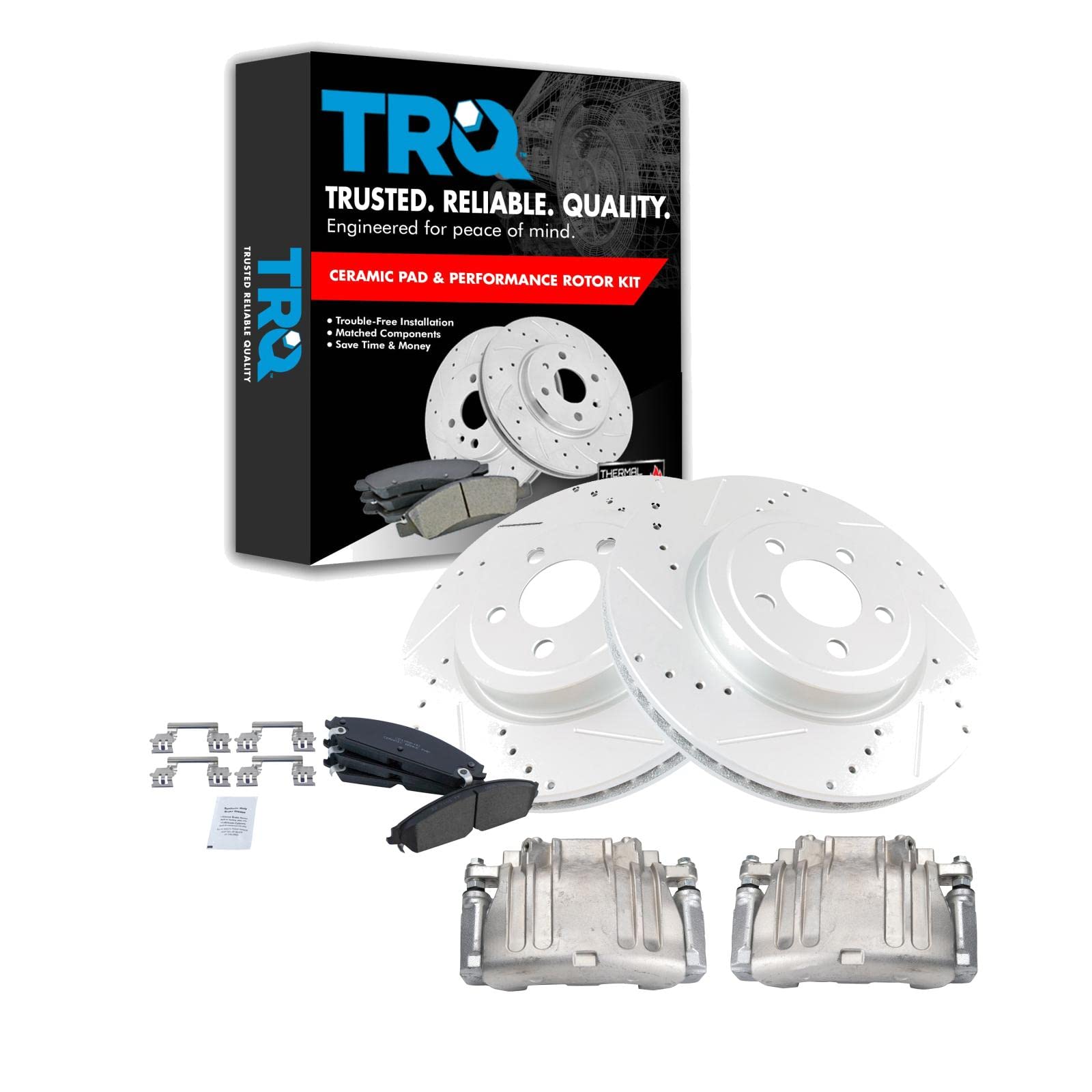 TRQ Front Brake Calipers with Ceramic Pads & Drilled Rotors - Compatible with Dodge Challenger & Charger 300 (2005-2023) | High Performance Braking System for Street Racing & Daily Driving