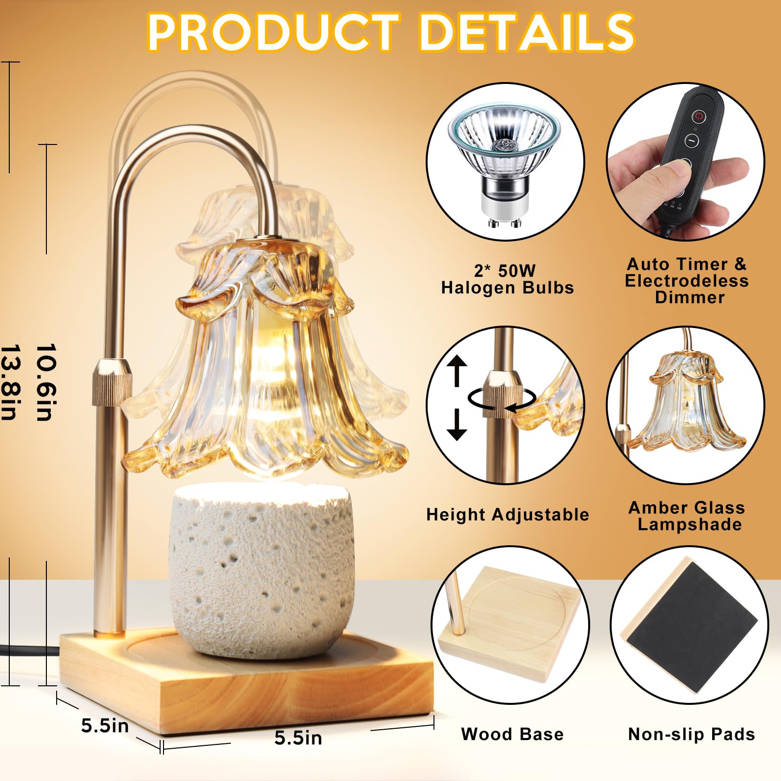 Electric Candle Warmer Lamp with Timer & Dimmer - Adjustable Height Wax Melt Warmer (2 Bulbs Included) - Compatible with All Jar Candles - Perfect Gift for Mom, Housewarming & New Home Decor - Ideal for Relaxation, Aromatherapy & Cozy Ambiance