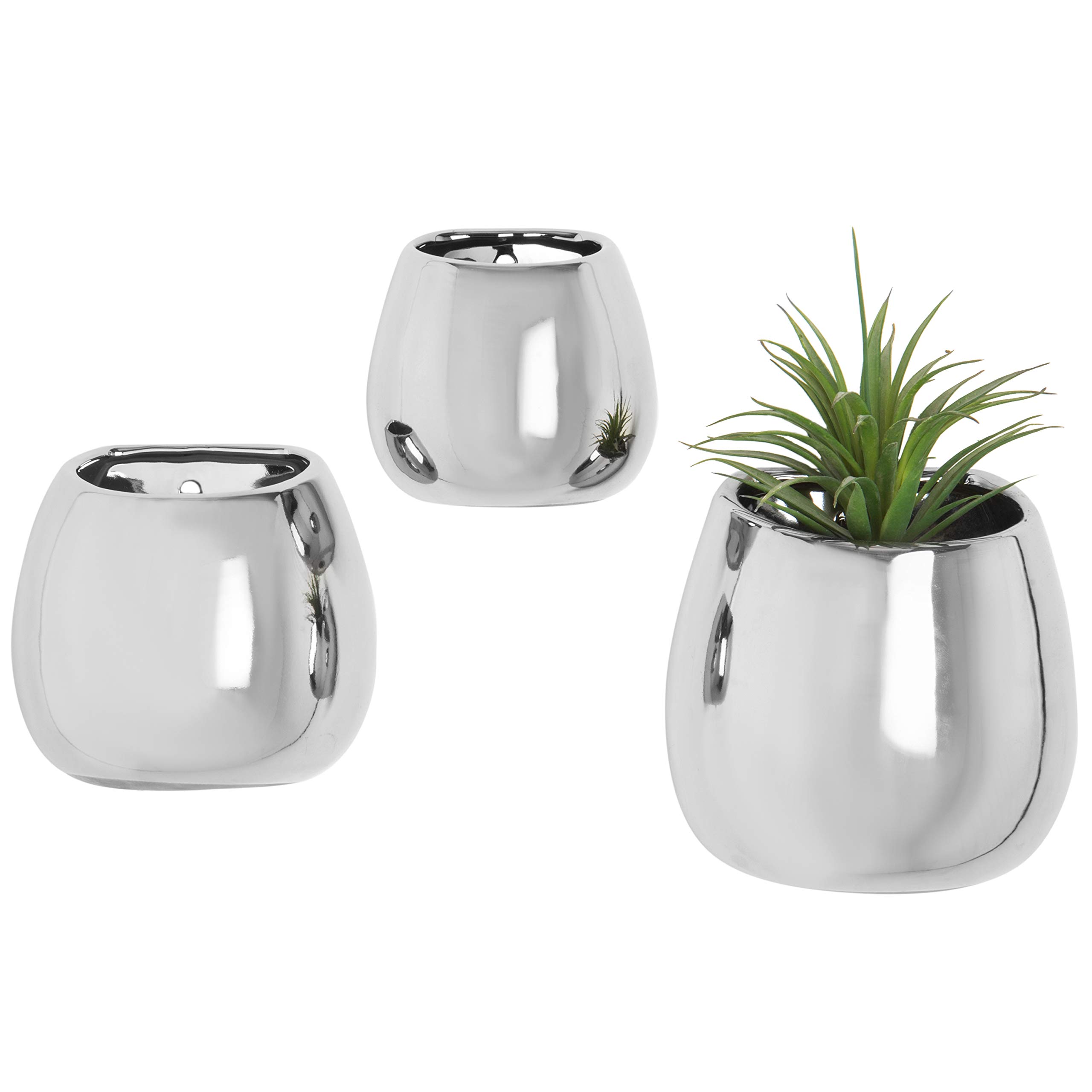 MyGift Set of 3 Modern Wall-Mounted Silver Ceramic Planters - Succulent & Air Plant Hanging Vases for Home, Office Decor | Indoor Herb Garden & Small Flower Pots