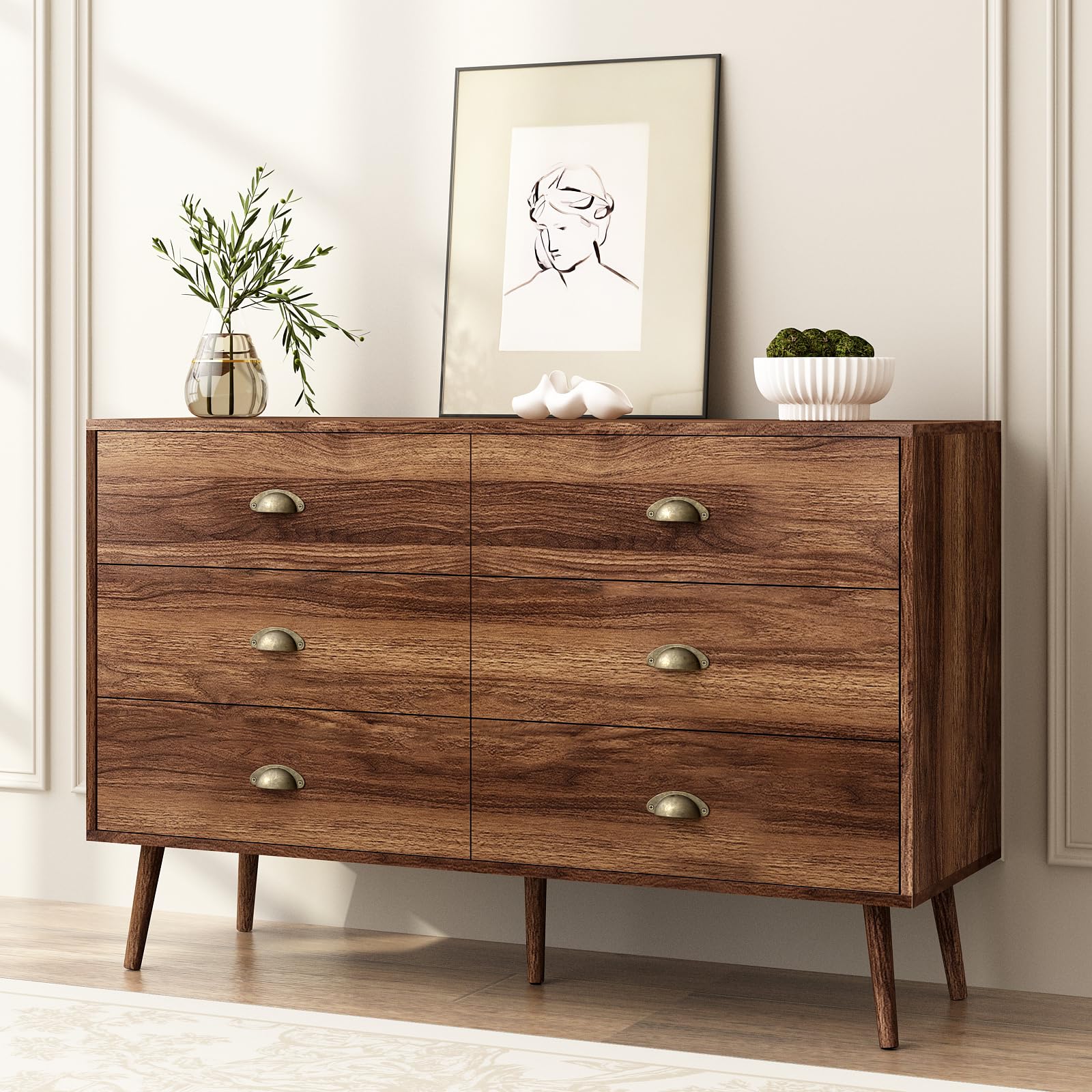 JOZZBY Mid Century Modern 6-Drawer Dresser with Gold Handles - Solid Walnut Wood Bedroom Chest Organizer - Perfect for Entryway, Closet & Home Storage Organization