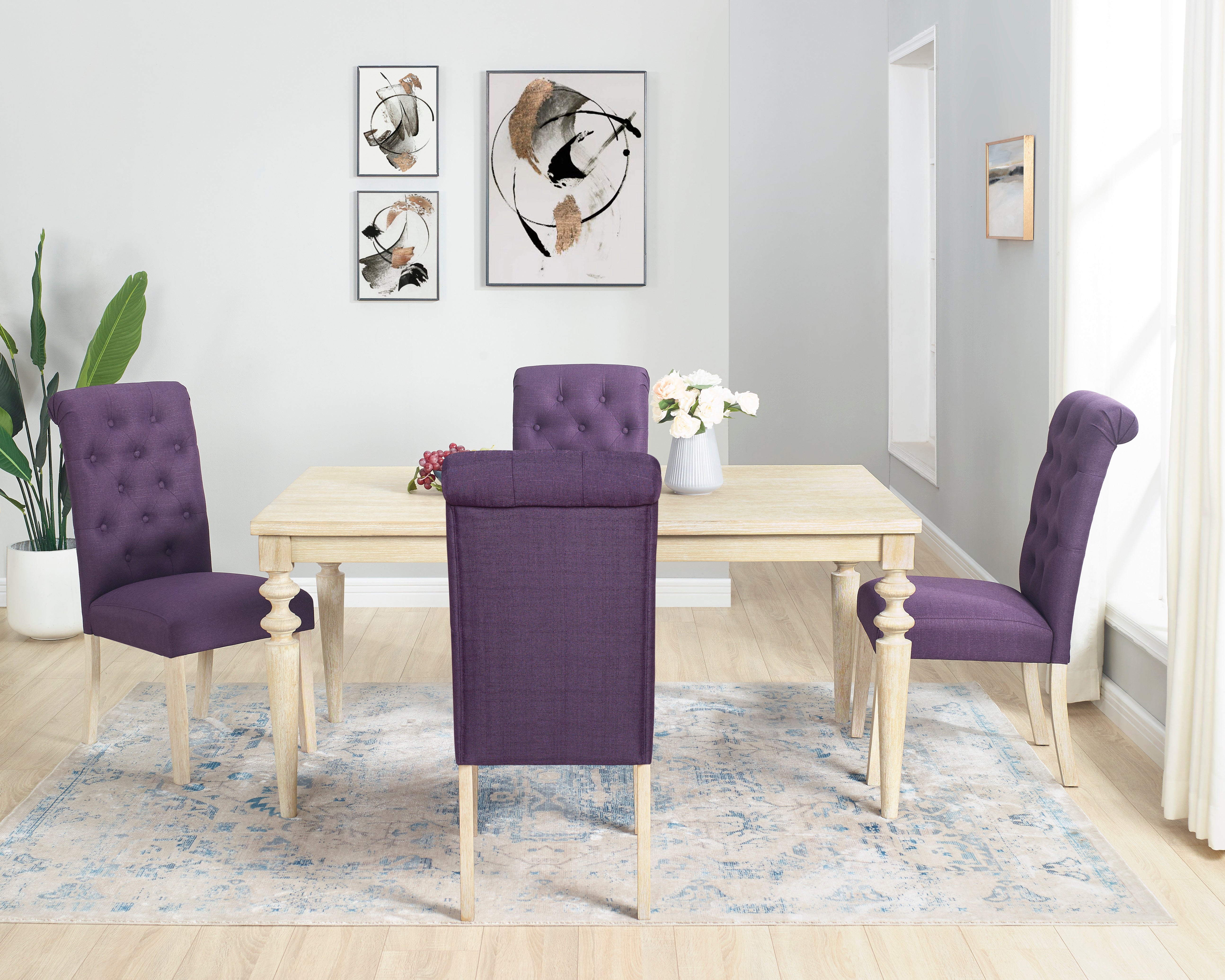 Roundhill Furniture Amonia 5-Piece Dining Set - Turned Leg Dining Table with 4 Tufted Upholstered Chairs for Kitchen, Dining Room, and Small Spaces