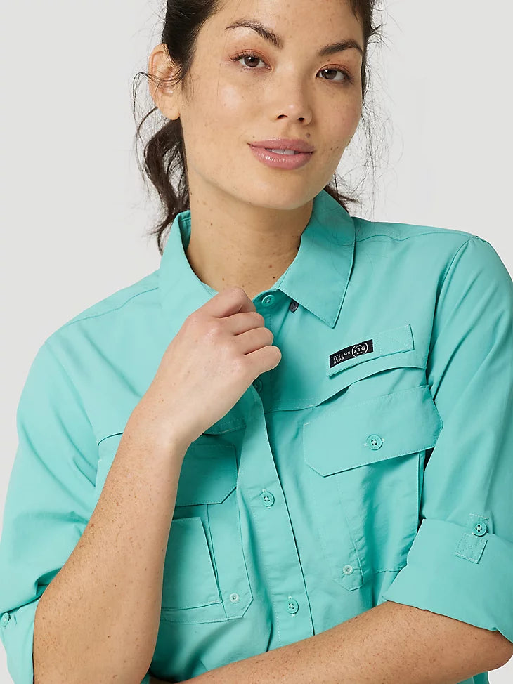 ATG By Wrangler™ Women's Long Sleeve Angler Fishing Shirt - UPF 50+ Sun Protection, Quick-Dry & Breathable - Turquoise Blue for Outdoor Activities, Hiking & Camping