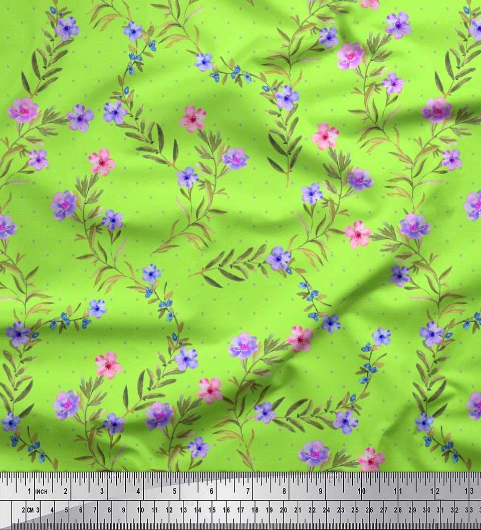 Soimoi Moss Georgette Brown Fabric by The Yard - 42 Inch Wide Floral Printed Fabric with Dot & Leaves Pattern for Dresses, Scarves, DIY Crafts & Home Decor