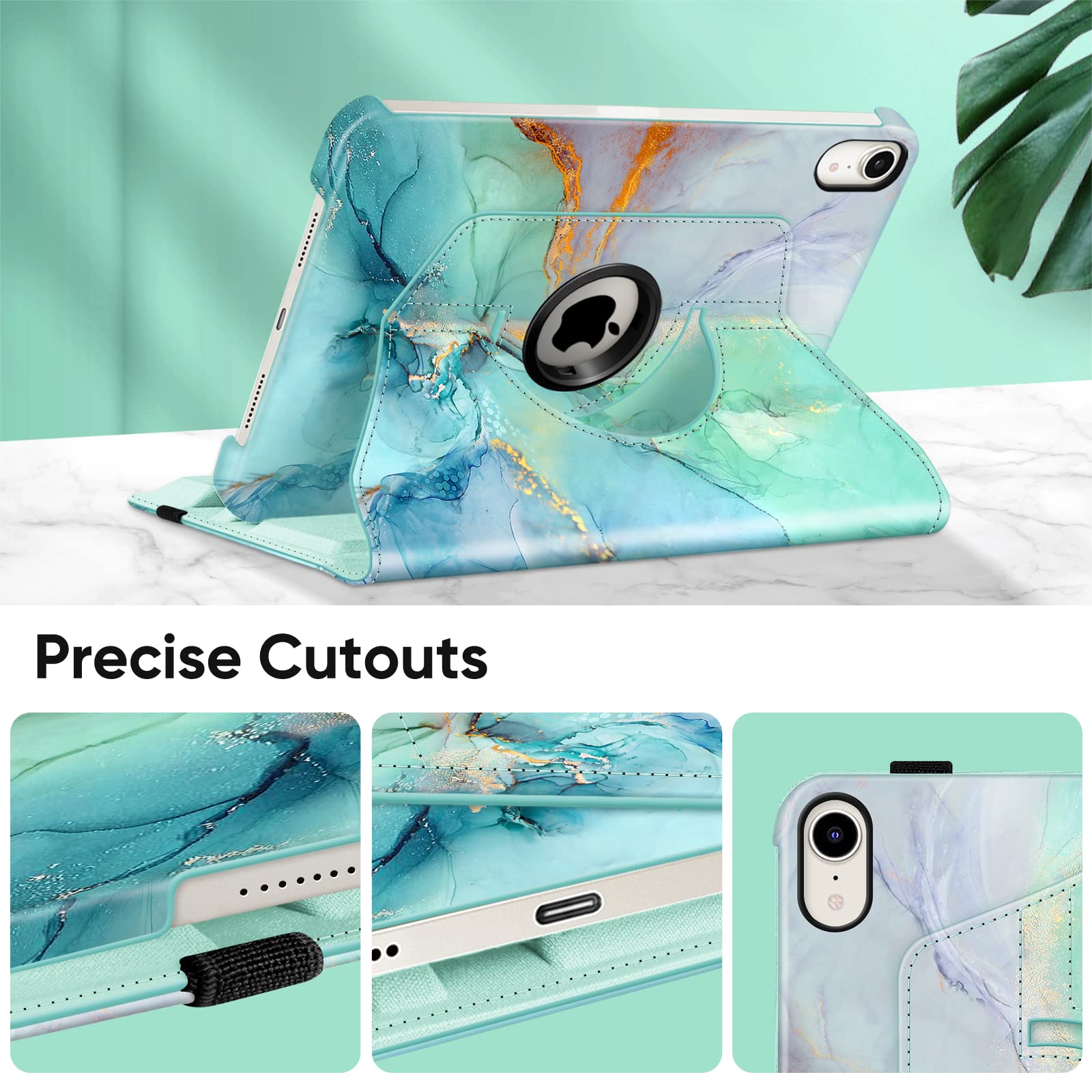 Fintie 360 Rotating Stand Case for iPad Mini 7 (2024, A17 Pro) & iPad Mini 6 (8.3 Inch) - Protective Cover with Auto Wake/Sleep, Emerald Marble Design - Perfect for Work, Study, and Entertainment