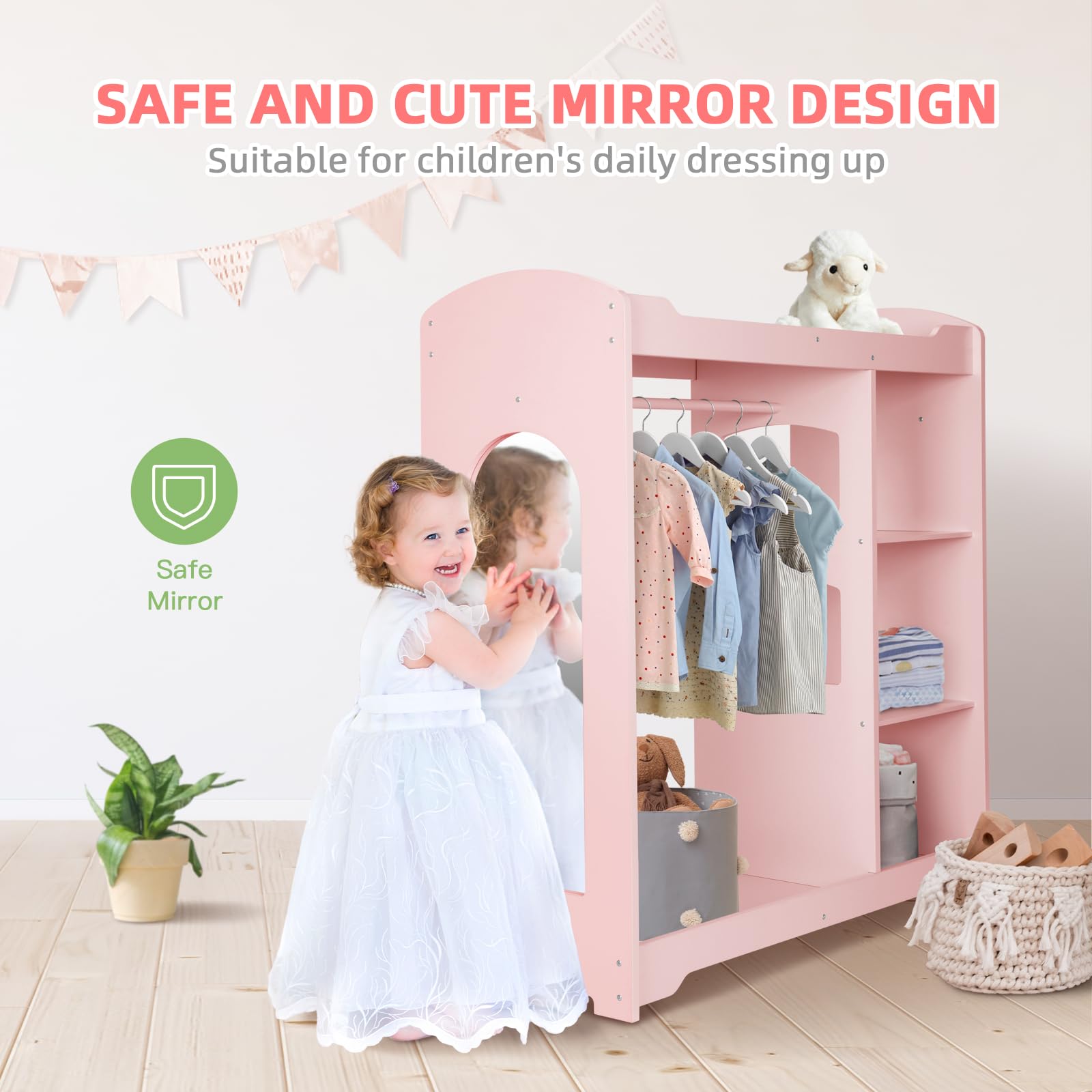 Kids Clothes Rack with Mirror & Armoire - Adjustable Height Children's Wardrobe with Anti-Tip Safety Feature - Toddler Closet Organizer for Bedroom & Nursery - Perfect for Teaching Kids Independence & Clothing Organization