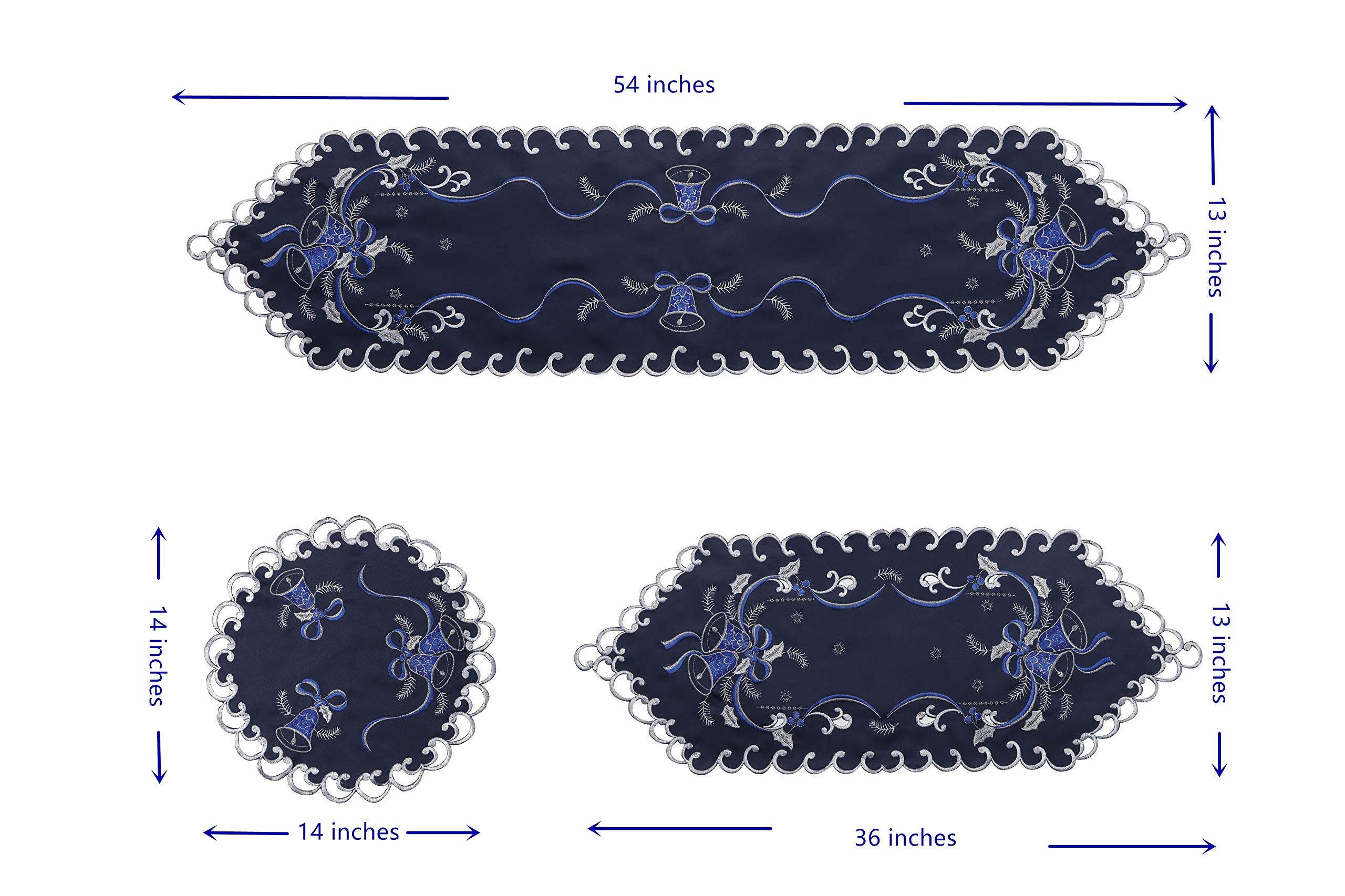 GRANDDECO 13x34 Inch Christmas Table Runner - Cutwork Embroidered Floral Blue Bells Design - Holiday Dining Table Decor for Xmas, Parties & Home Decoration