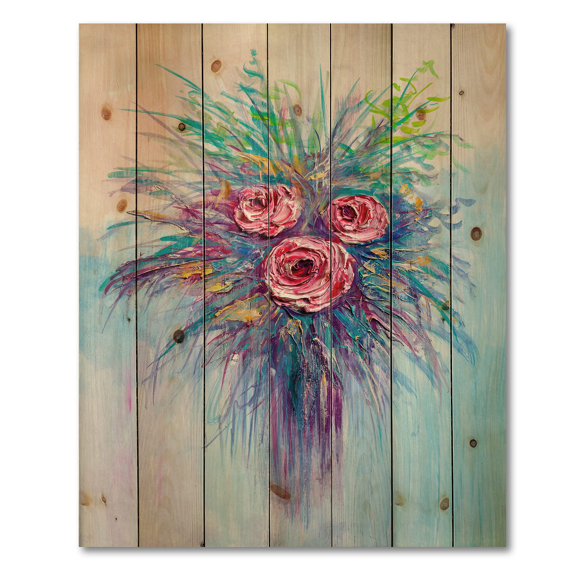 DesignQ Bouquet of Red Roses on Blue Traditional Wood Wall Decor - Large Floral Wood Wall Art Panel Printed on Natural Pine - Perfect for Living Room, Bedroom & Office Decoration