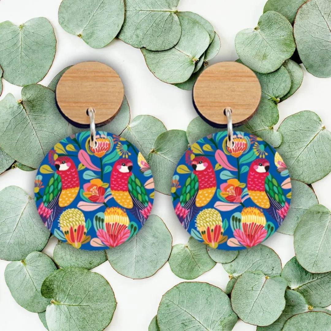 Handmade Australian Rosella Birds Wooden Earrings - Unique Boho Wood Jewelry for Women - Perfect for Festivals, Parties & Everyday Wear