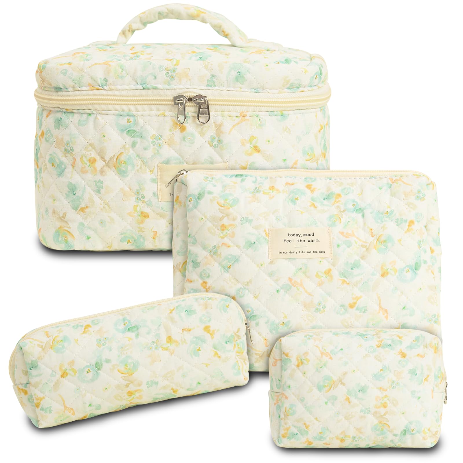 4Pcs Quilted Makeup Bag Set - Cute Floral Cosmetic Organizer, Cotton Travel Toiletry Bag for Women & Girls | Perfect for Travel, Gym, and Daily Beauty Essentials Storage