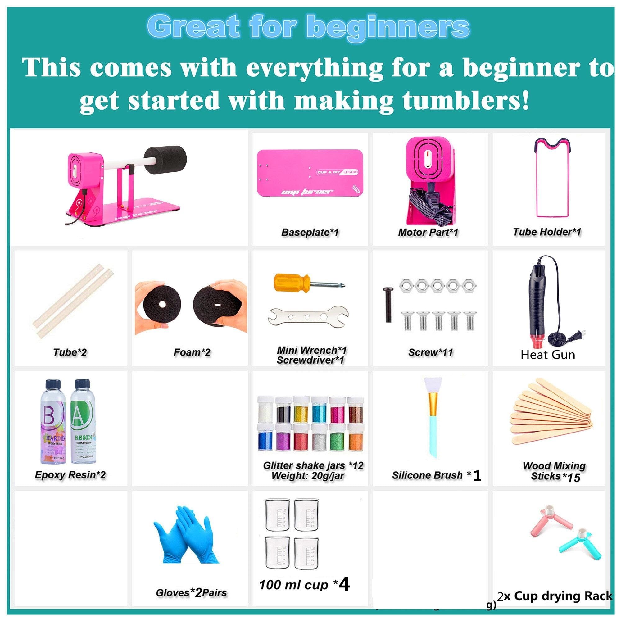 LFSUM Tumbler Cup Turner Kit for DIY Crafts - Epoxy Resin Spinner with Glitter Powder & Heat Gun - Beginner Friendly Rose Red Cup Decorating Tool for Custom Tumblers, Mugs & Drinkware (Perfect for Birthday Gifts, Party Favors & Personalized Drink Containers)