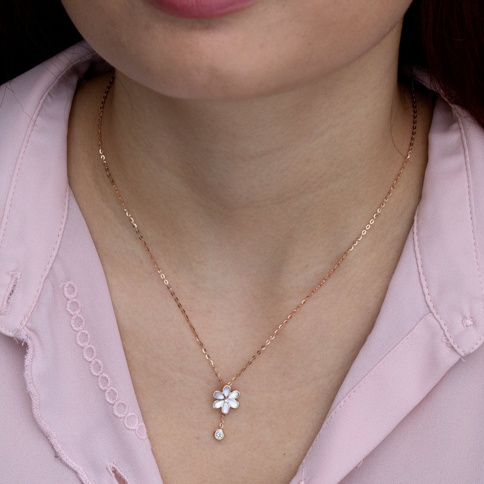 14k Rose Gold Mother of Pearl Flower & Diamond Drop Lariat Necklace - Elegant Bridal Jewelry for Weddings, Anniversaries & Special Occasions
