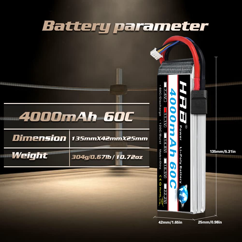 HRB 2PCS 3S Lipo Battery 4000mAh 11.1V 60C High Performance RC LiPo Batteries for RC Airplane, Helicopter, Car, Truck, Boat - Perfect for FPV Racing, Drone Flying & RC Hobby Enthusiasts
