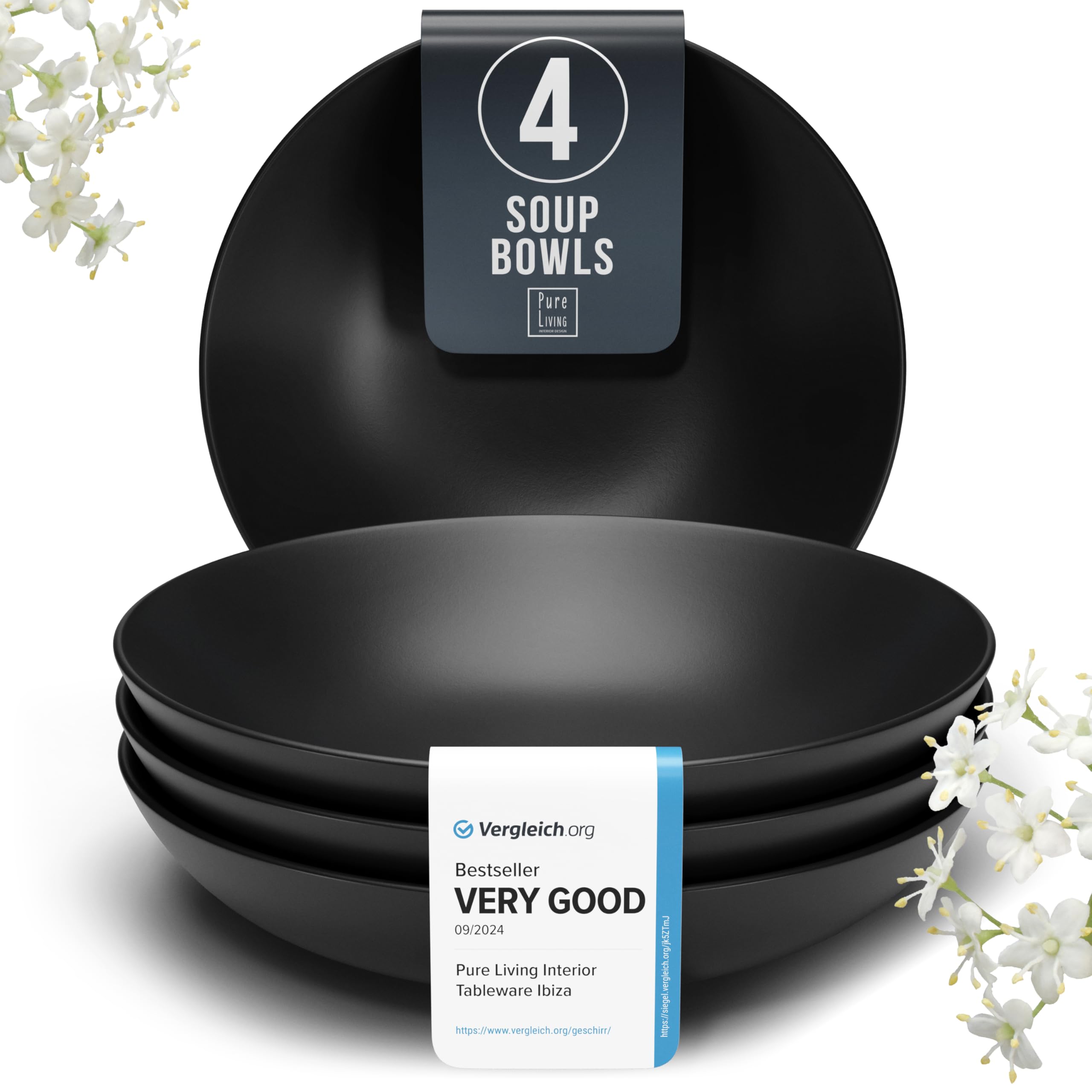 Premium Matte Black Stoneware Pasta Bowls Set of 4 - 7.7