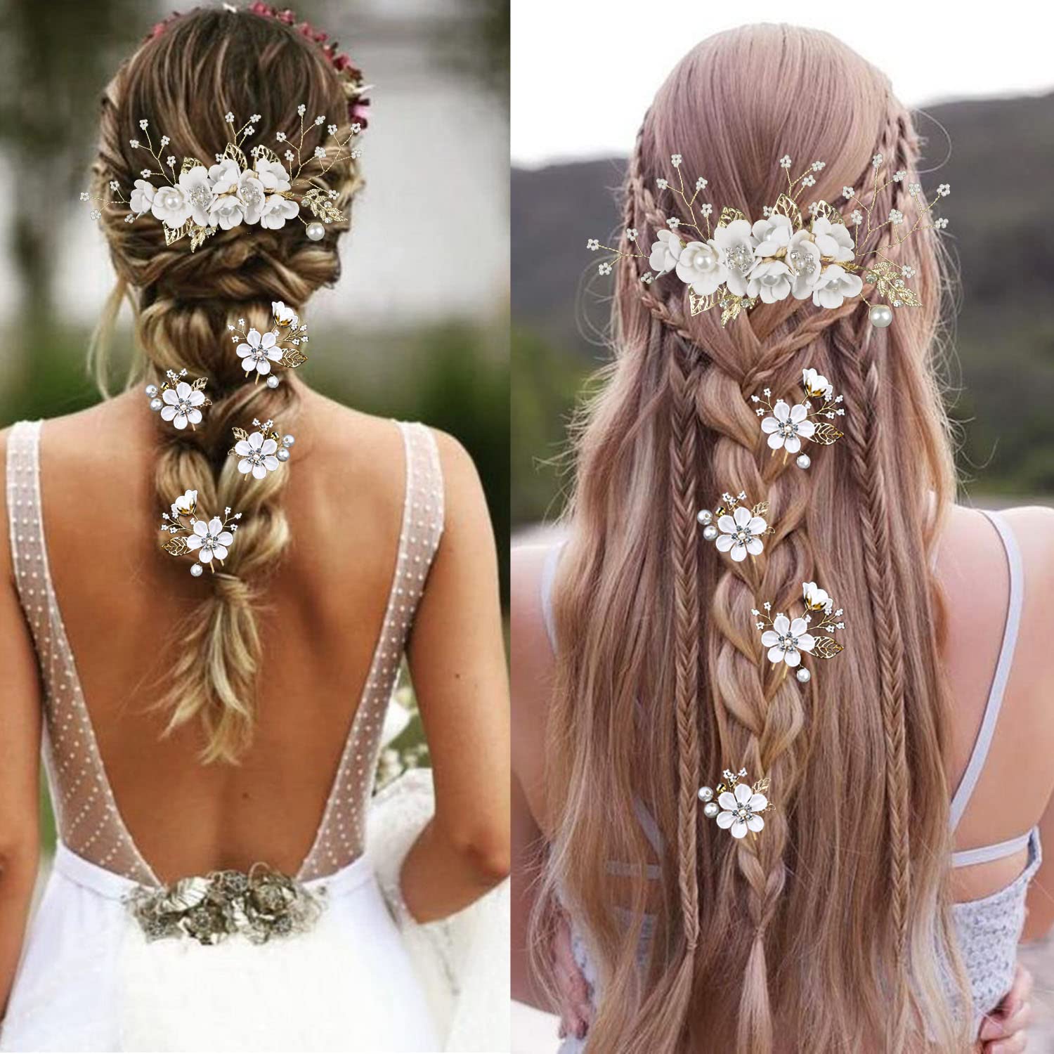 5 PCS Gold Crystal Pearl Wedding Hair Pins - Rhinestone Bridal Hair Clips Headpiece for Brides, Bridesmaids, Women & Girls - Perfect for Updos, Weddings, Prom & Special Occasions (Pure White Flower)