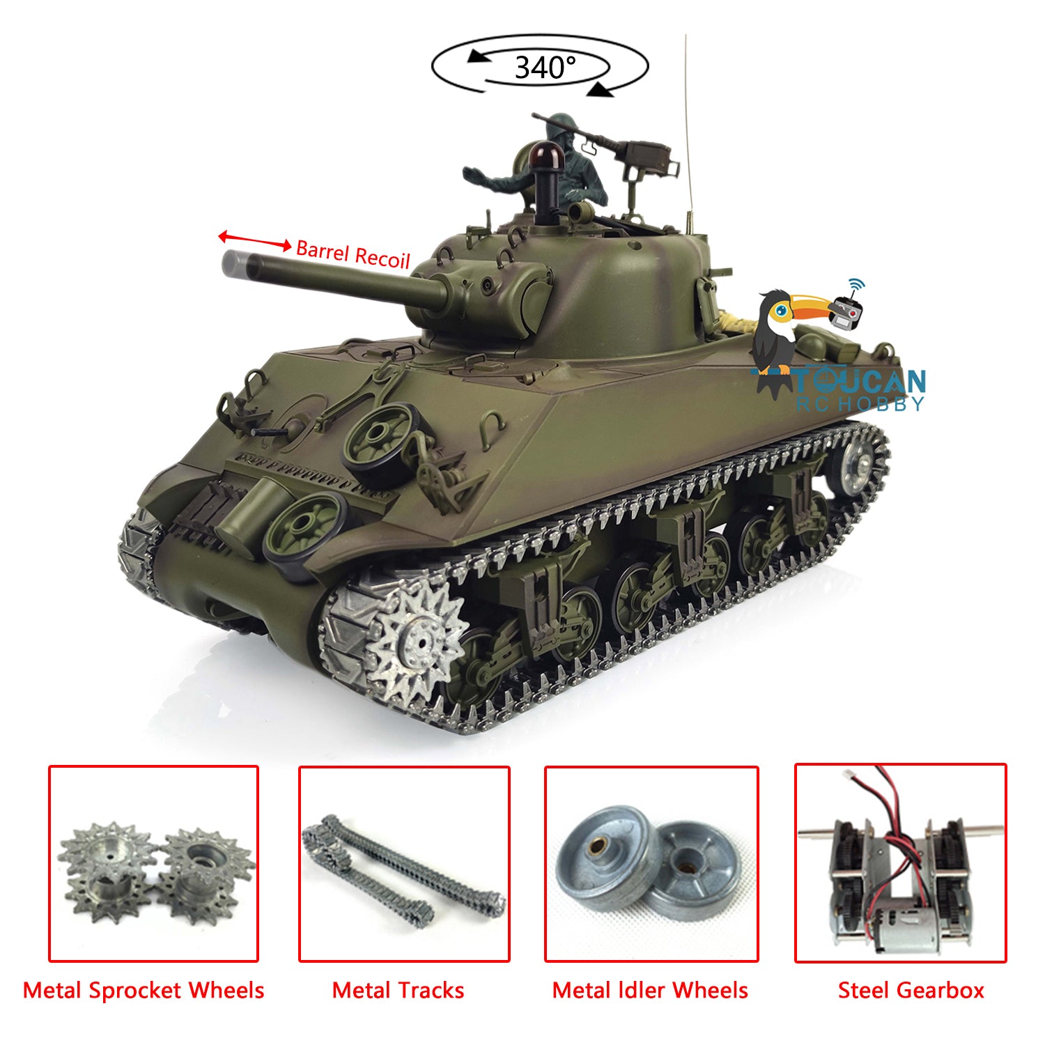 1/16 Henglong Upgraded M4A3 Sherman RC Tank - 7.0 Version with Metal Tracks, Barrel Recoil, Idler Wheels & Smoking Gearbox | Realistic Remote Control Military Vehicle for Collectors & Battle Reenactments