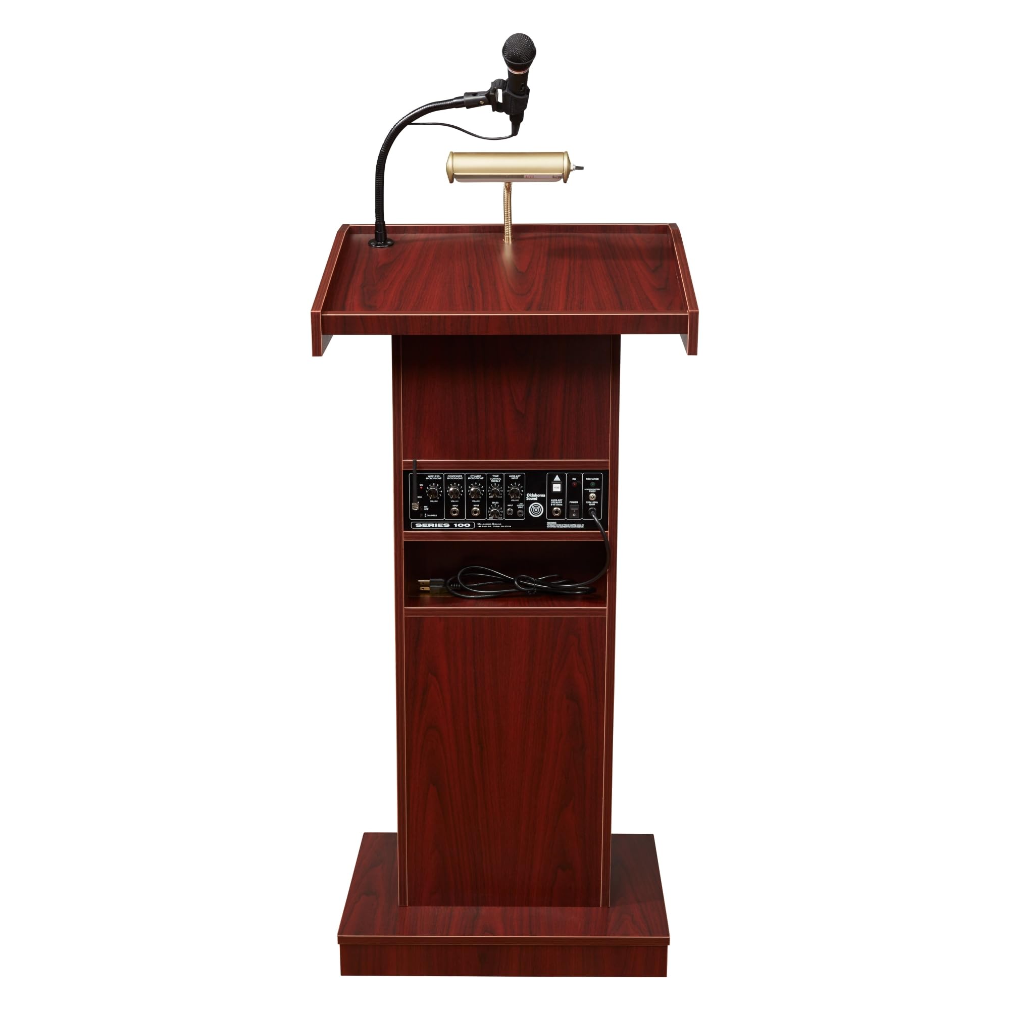 Oklahoma Sound 800X-7 Orator Lectern & Headset Microphone with Mahogany Finish - Perfect for Public Speaking, Church Sermons, and Conference Presentations