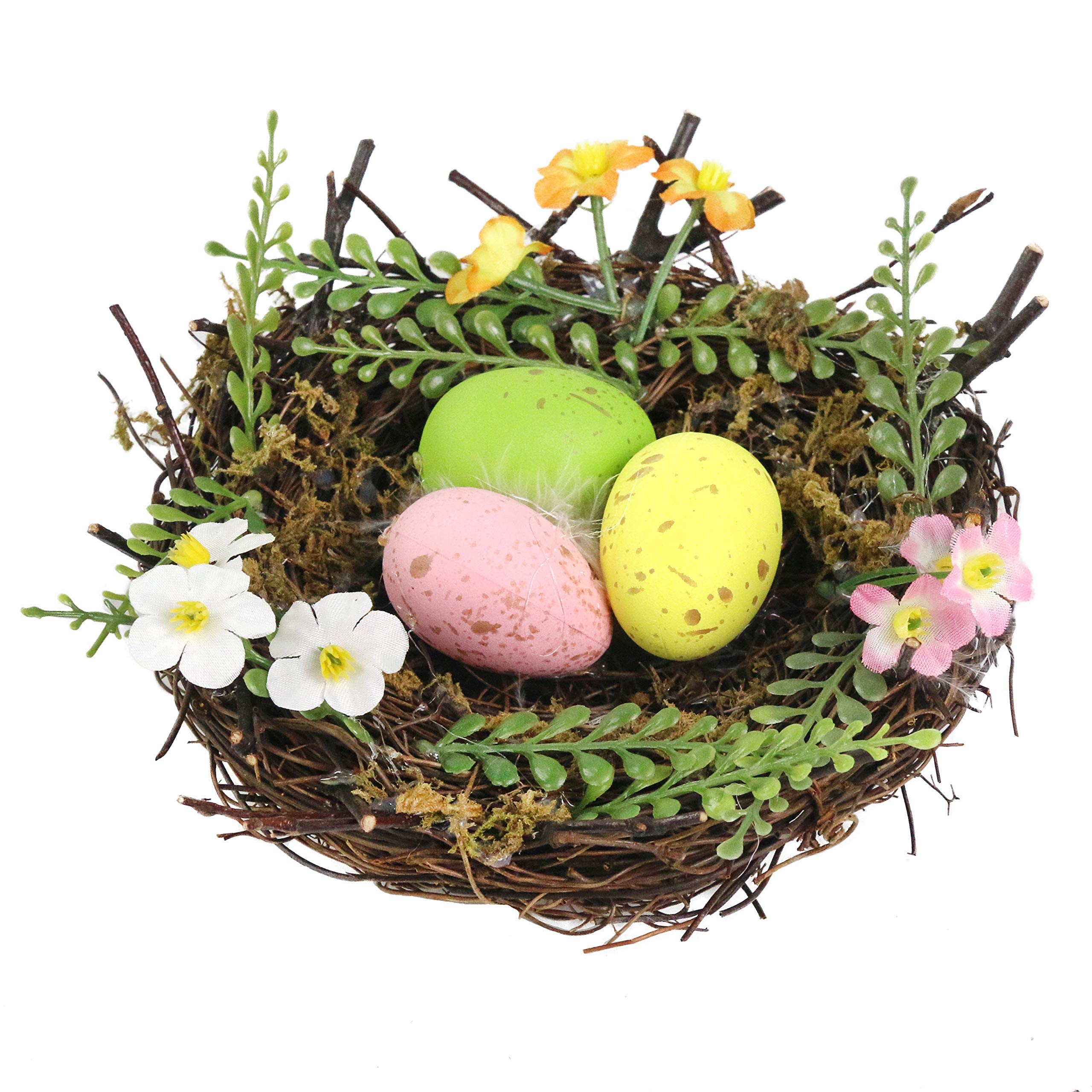 Pastel Colored Artificial Easter Birds & Chicks Nest Decor with Eggs - Spring Festival Garden, Yard, Desk Ornament for Easter Decorations, Home Party, Outdoor & Indoor Decor