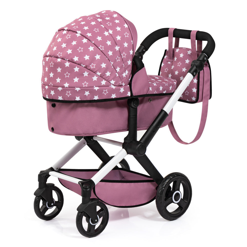 Bayer Design Xeo Doll Pram Playset - Pink & White with Star Pattern | Perfect for Pretend Play, Doll Accessories & Kids' Role Playing Games