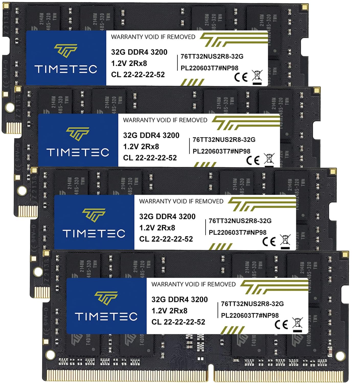 Timetec 128GB RAM Kit (4x32GB) DDR4 3200MHz SODIMM for Gaming Laptops - PC4-25600, 1.2V, CL22, Non-ECC, Unbuffered - Compatible with Intel & AMD Notebooks - Perfect for Gaming, Video Editing & Multitasking