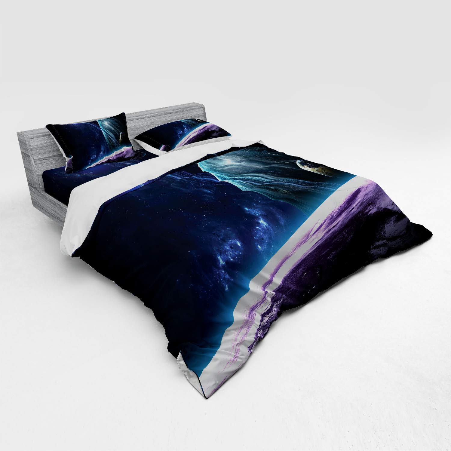 Ambesonne Galaxy Bedding Set - King Size 4-Piece Duvet Cover Set with Pillow Shams & Fitted Sheet, Space Universe Planets Astronomy Print with Glow in The Dark Effects, Blue Purple Cosmic Design - Perfect for Astronomy Lovers' Bedroom, Kids Room Decor or Unique Gift Idea