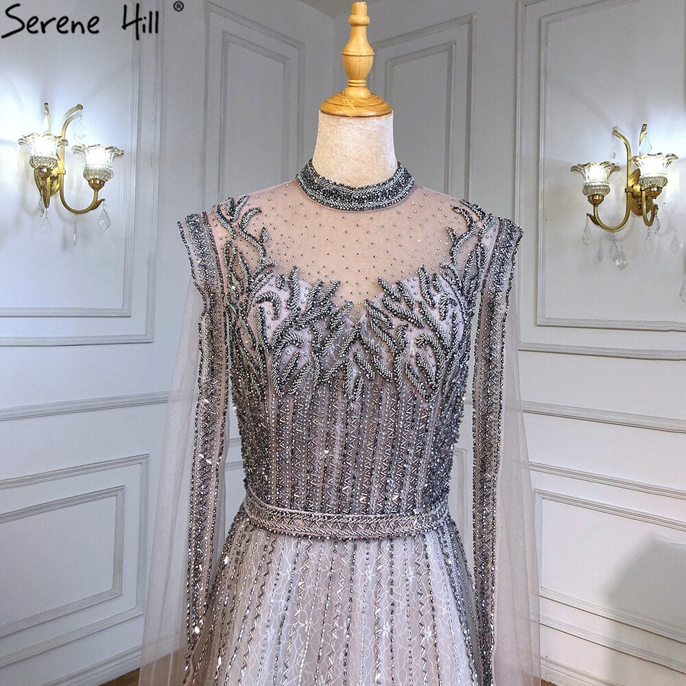 Serene Hill Luxury A-Line Silver Evening Dresses for Women 2025 - Beaded Cape Sleeve Formal Gown for Prom, Gala & Black Tie Events - Style LA71443