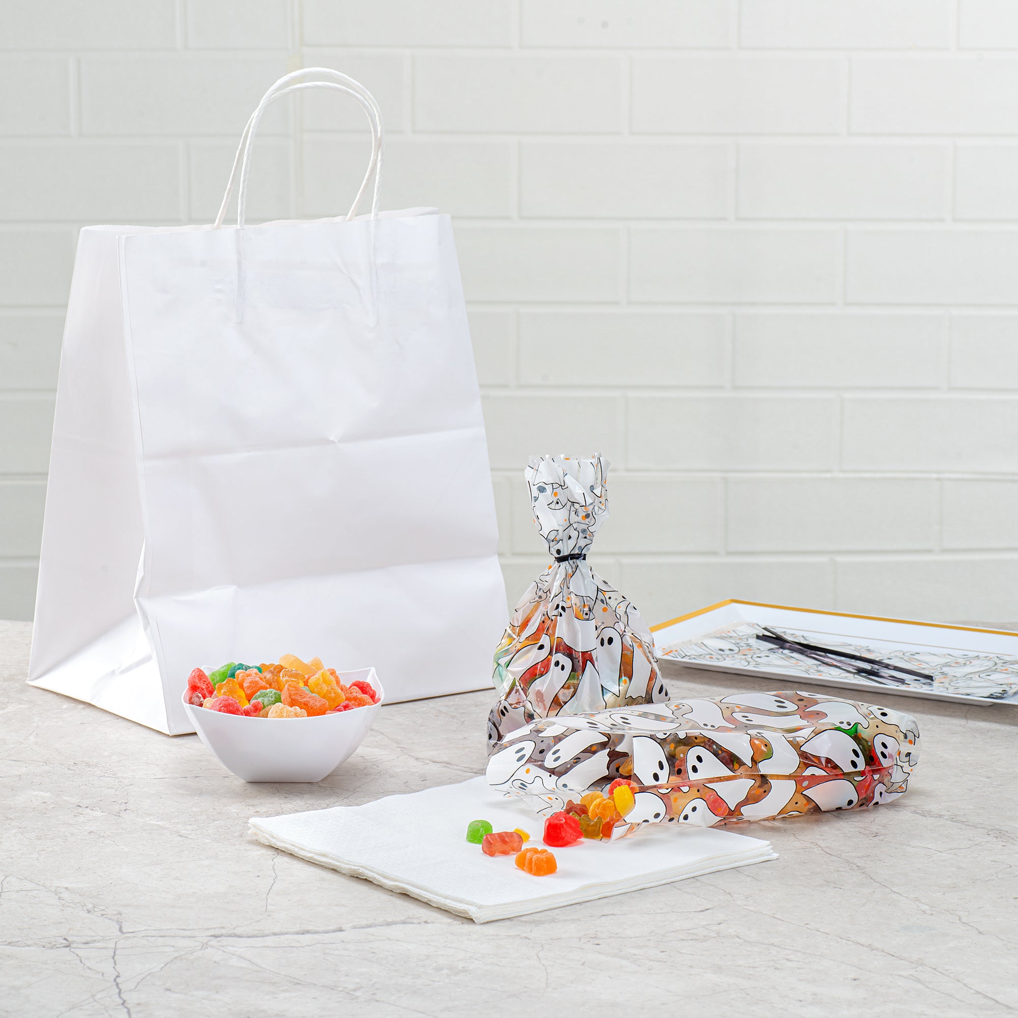 Plastic Candy Bags for Halloween - 4x2x9.5 Inch Gusseted Ghost Design Treat Bags (4000 Count Bulk Pack) - Perfect for Party Favors, Trick or Treat, and Candy Packaging