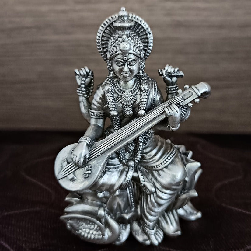 925 Pure Silver Saraswati Ji Idol for Home Decor & Housewarming Gift - Hindu Goddess of Knowledge & Wisdom - Perfect for Pooja Room, Office Desk & Spiritual Altar