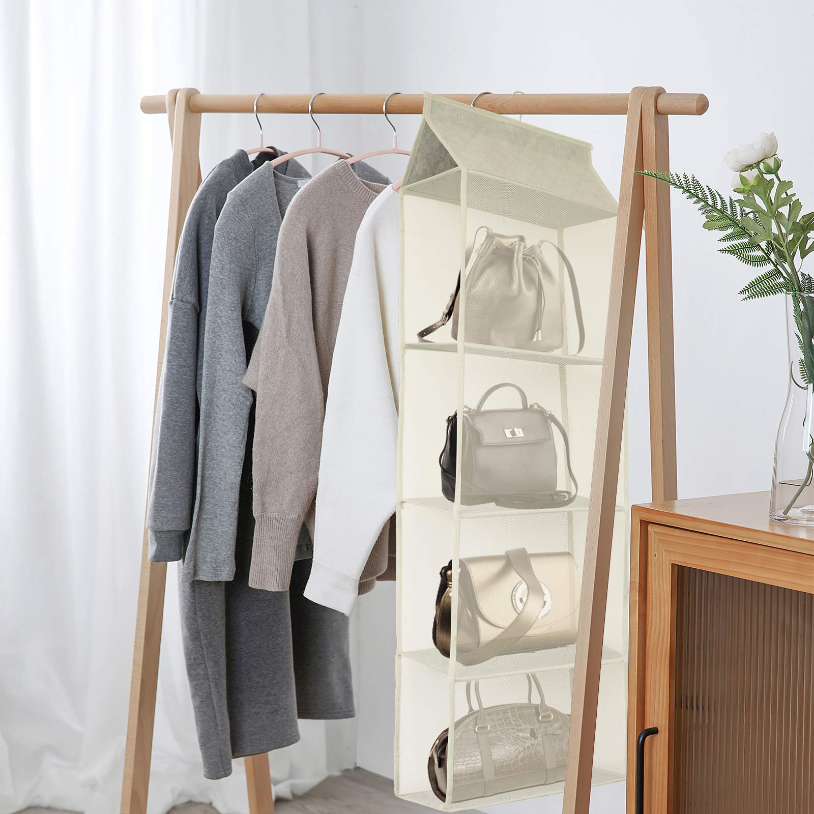 Space Saving Hanging Handbag Organizer with 4 Heavy-Duty Mesh Shelves - Closet Purse & Tote Storage for Wardrobe (Beige) | Perfect for Bedroom, Walk-in Closet & Dorm Organization