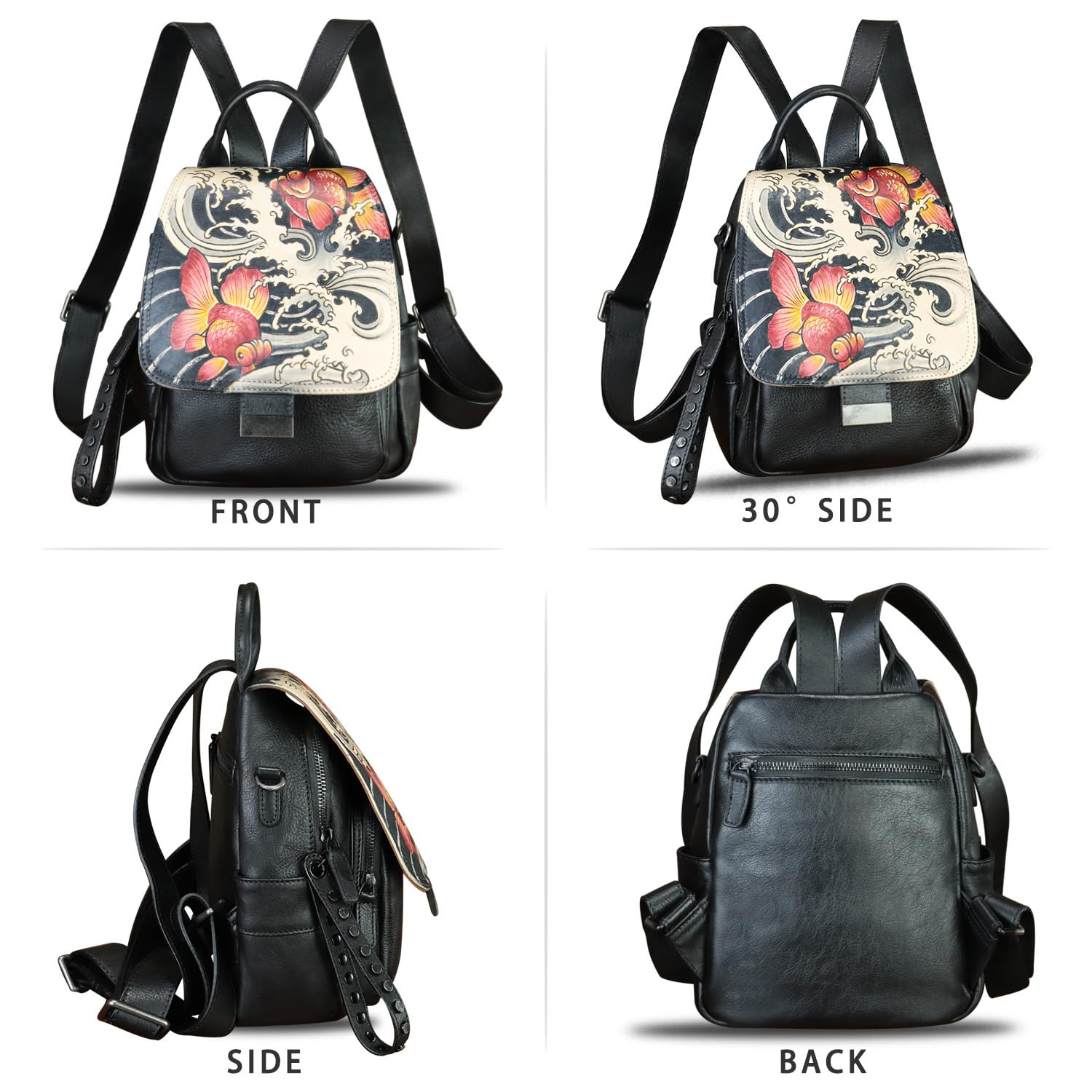 Handmade Genuine Leather Backpack for Women - Stylish Hand-Painted Designer Rucksack, Casual Daypack Purse (Pattern 2) - Perfect for Work, Travel & Everyday Use