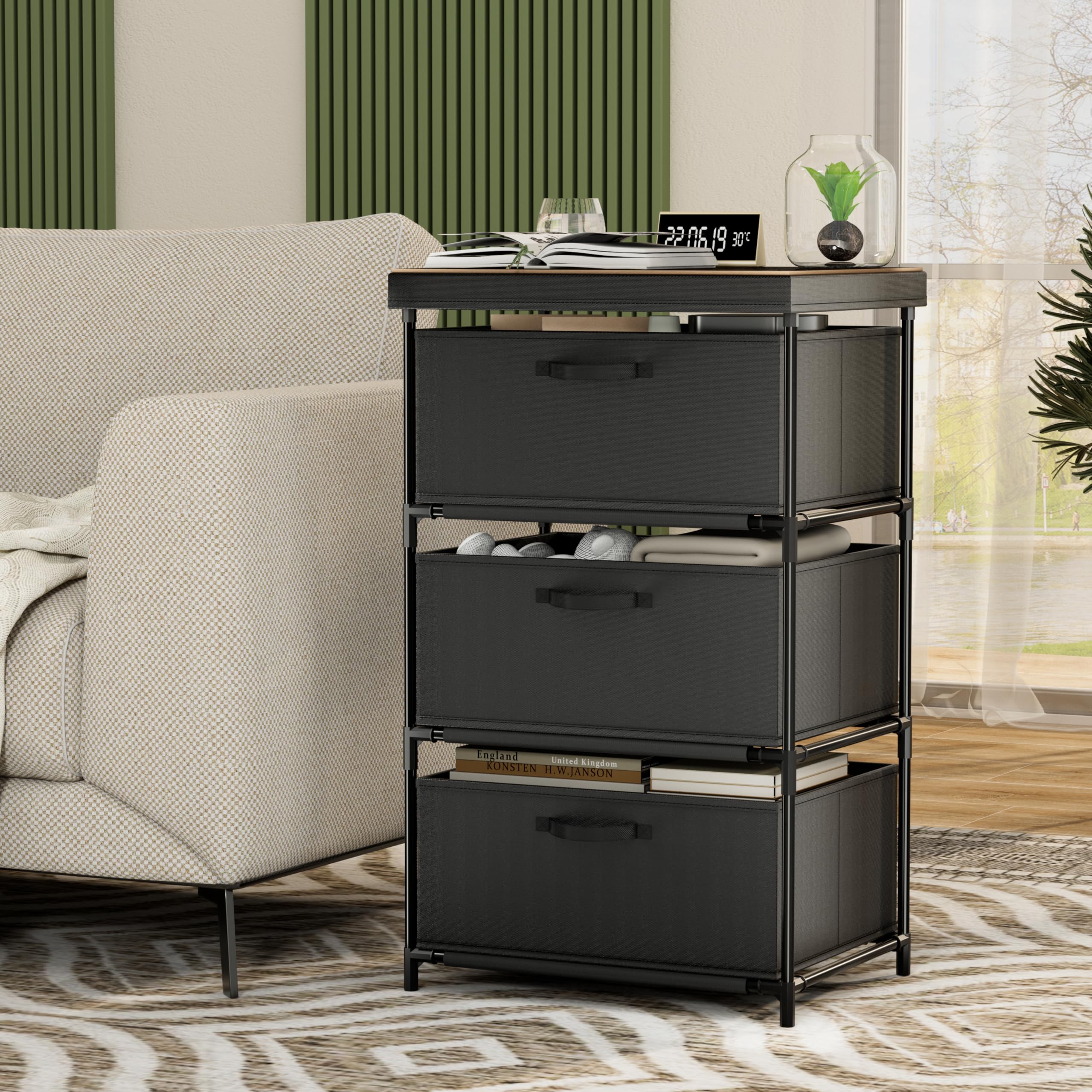 3-Drawer Solid Wood Dresser with Fabric Drawers & Metal Frame - Sturdy TV Stand, Storage Cabinet for Bedroom, Dorm, Entryway | Perfect for Closet Organization, Living Room Decor & Small Space Storage