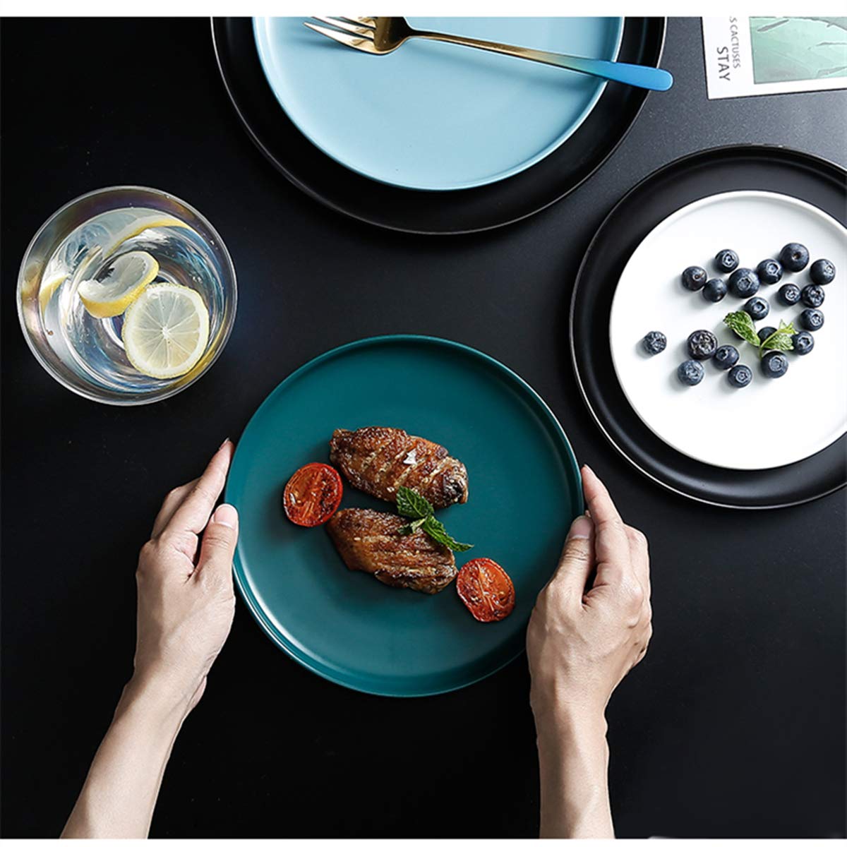 Matte Ceramic Appetizer Plates 6 Inch - Set of 4 Small Mini Dessert Plates, Microwave & Oven Safe - Perfect for Snacks, Bread, Butter, Pie, Cake & Cat Dishes - Elegant Green Color - Ideal for Dinner Parties, Tea Time & Pet Feeding