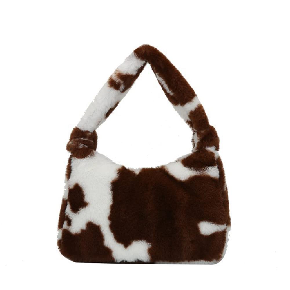 Women's Fluffy Faux Fur Cow Print Shoulder Bag - Stylish Clutch Purse with Zipper Closure, Underarm Handbag & Satchel Tote for Parties, Date Night and Casual Outings