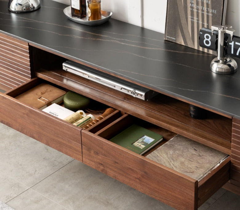 Black Walnut Solid Wood TV Stand with Slate Top - Rustic Modern Entertainment Center for Living Room, Bedroom & Home Theater