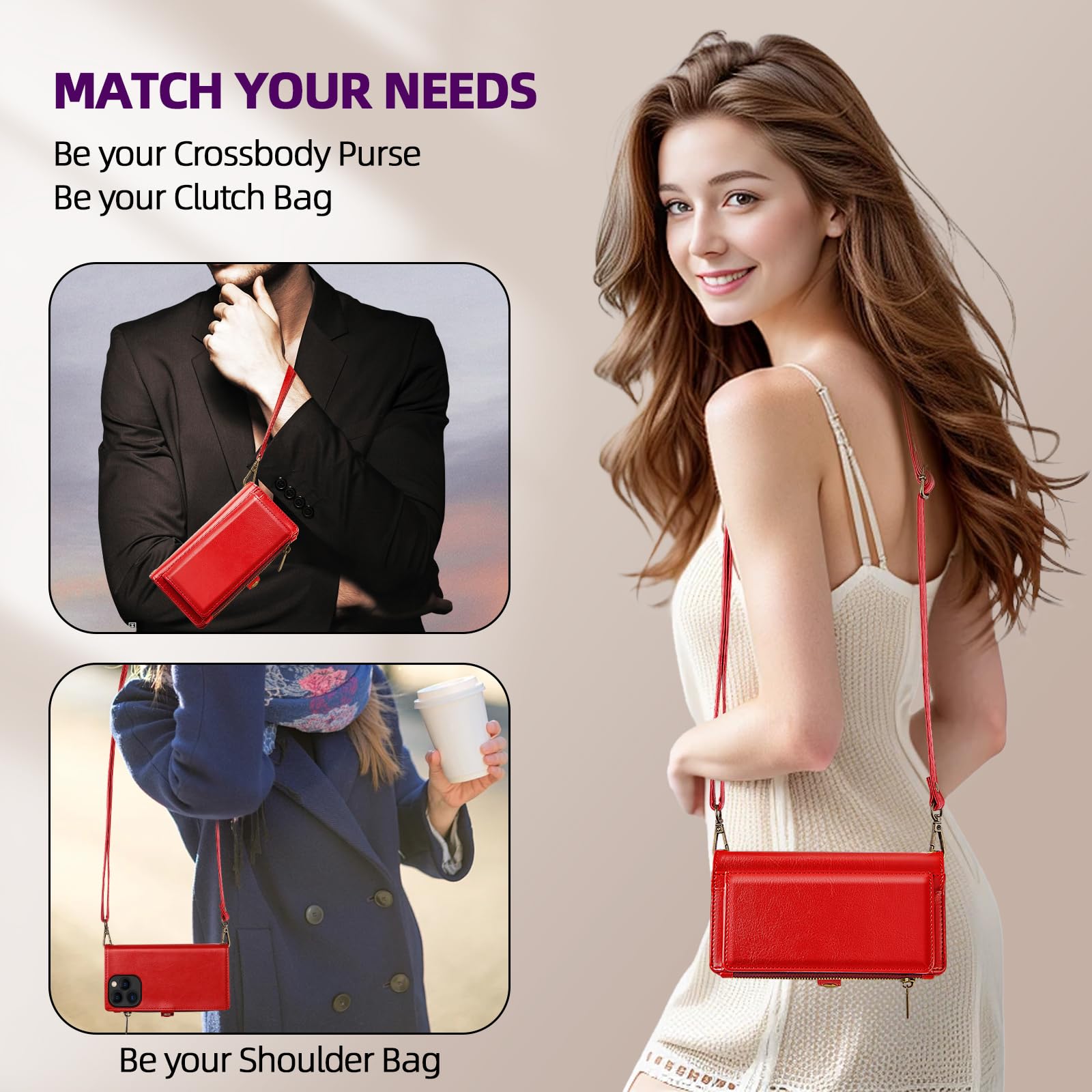 MInCYB iPhone 16 Pro Max Wallet Case with Crossbody Strap - Magnetic Detachable PU Leather RFID Blocking Card Holder for Women & Men (6.7 Inch, Red) - Perfect for Travel, Shopping & Everyday Use