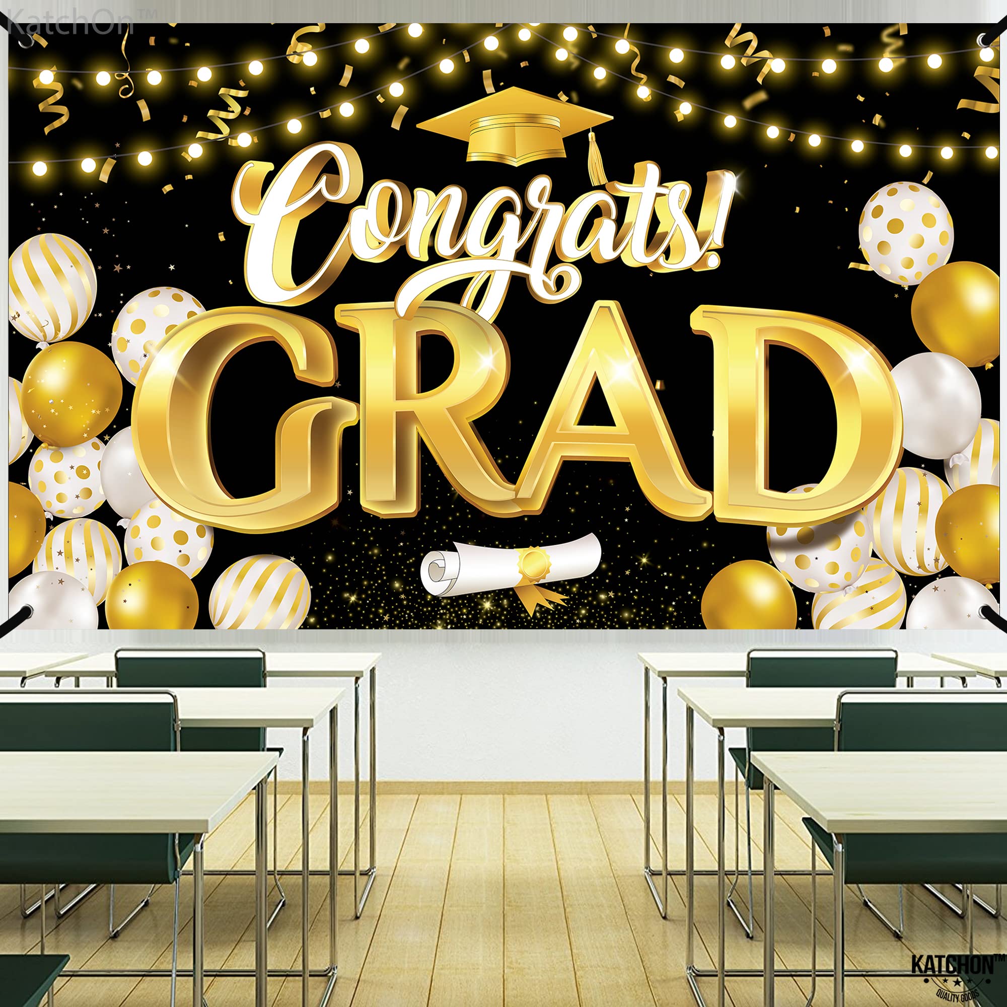 KatchOn Black & Gold Extra Large Graduation Banner 72x44 Inch - Class of 2025 Party Decor, Backdrop for Graduation Ceremony | Perfect for Graduation Party Decorations, Photo Booth Background, School Events & Home Celebration
