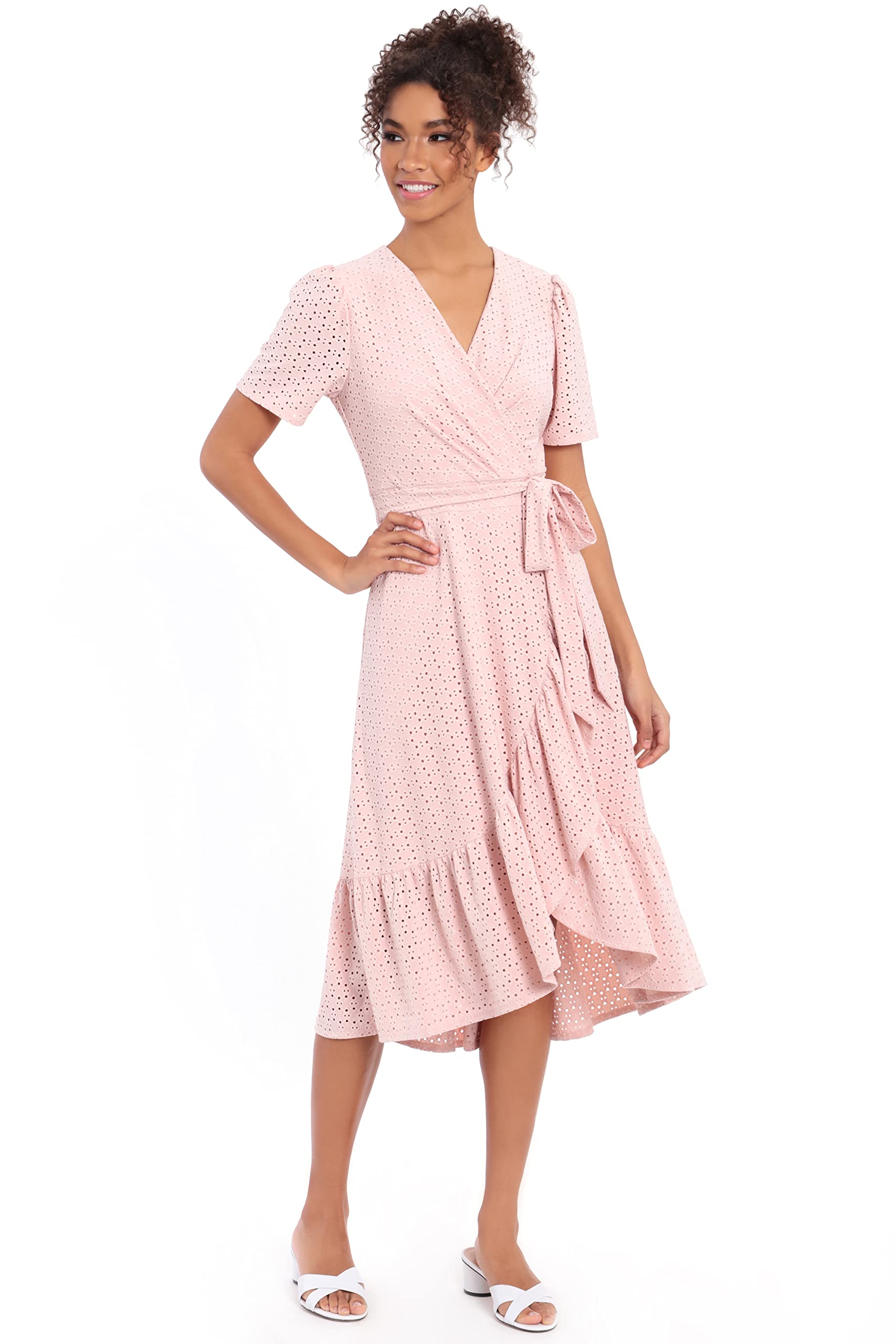 London Times Women's Short Sleeve Ruffle Wrap Dress - Flowy Summer Dress for Casual Outings, Beach Cover Up & Date Night Outfits