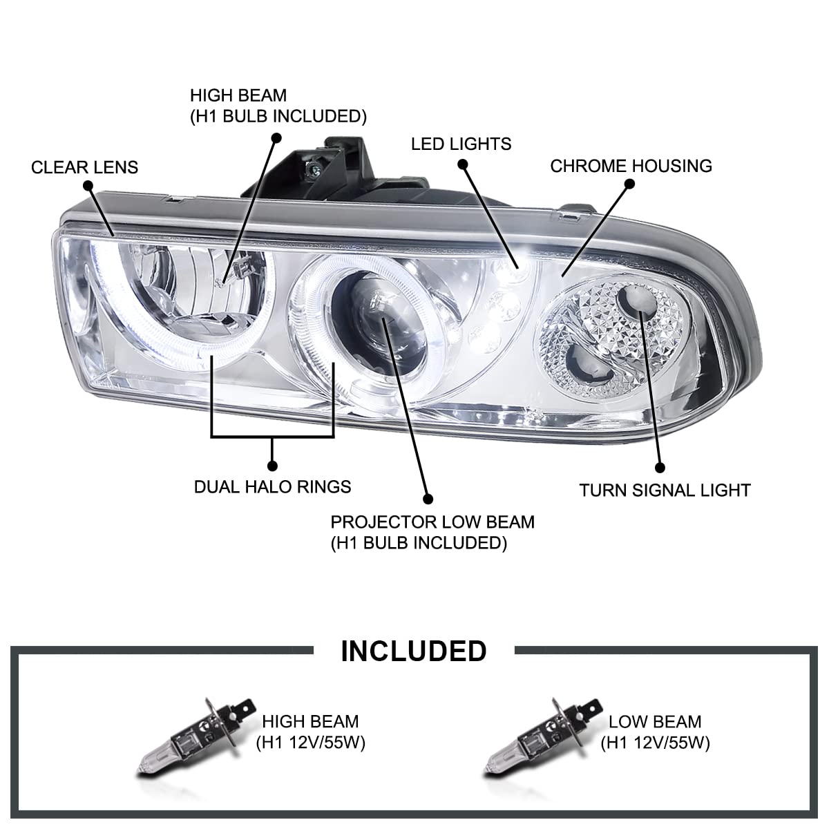 Spec-D Tuning Chrome Halo LED Projector Headlights + LED Bumper Lights for 1998-2004 Chevy S10 - Left & Right Pair Headlamp Assembly - Upgrade Your Truck's Style & Night Visibility for Off-Road & Street Driving