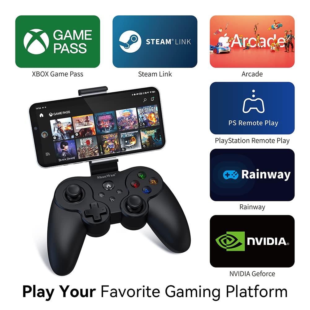 ShanWan Wireless Mobile Game Controller for iPhone & Android - Compatible with PS Remote Play, Xbox Cloud, Steam Link, GeForce Now & MFi Apple Arcade - LED Backlight, Phone Bracket & Long Battery Life - Perfect for Cloud Gaming & Mobile Esports