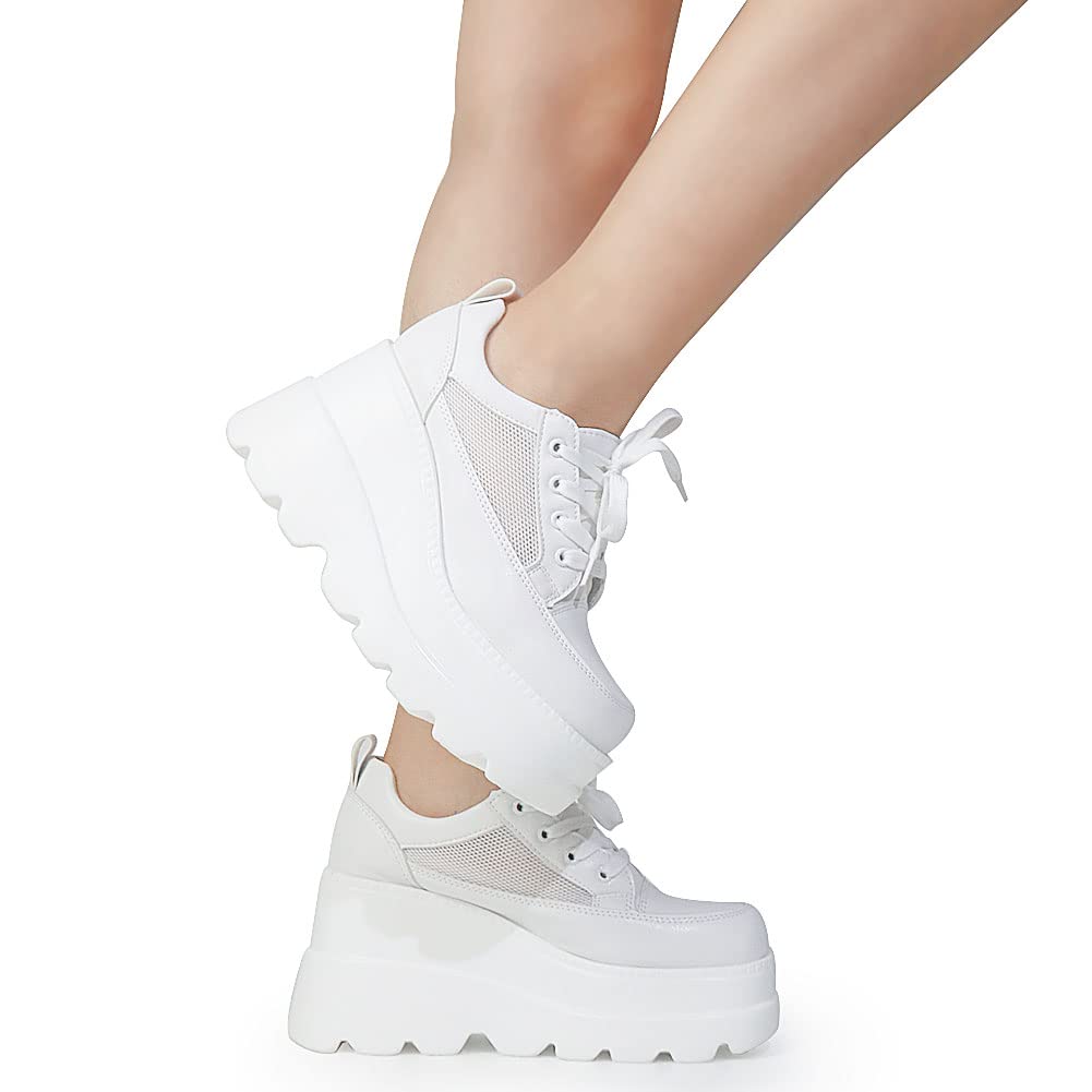 Tscoyuki Women's Platform Sneakers with Hidden Wedge Heel - Comfortable Walking Shoes for Outdoor Activities, Lace Up Design for Secure Fit - Perfect for Work, Travel & Daily Wear