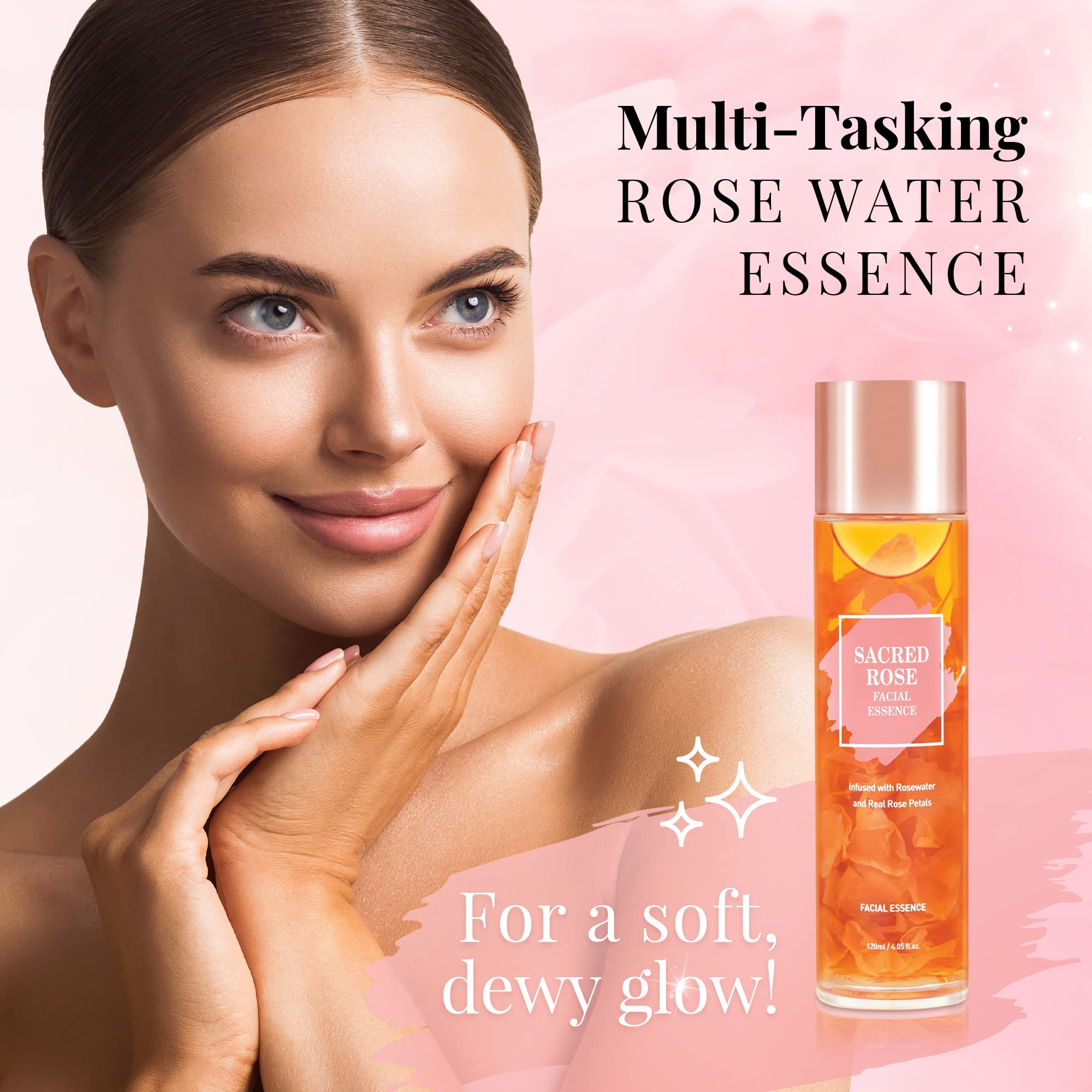 K Beauty Sacred Rose Facial Essence - Brightening Serum with Rose Water & 6 Hyaluronic Acids for Deep Hydration & Dewy Glow | Perfect for Dry Skin, Morning Routine & Night Skincare Regimen