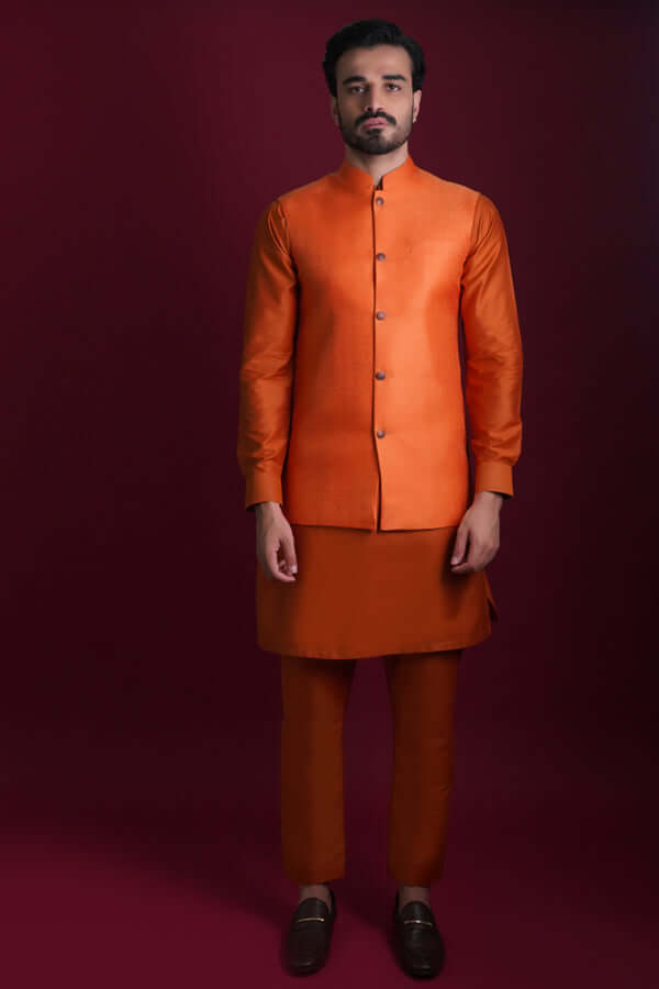 Stylish Jamawar Burnt Orange Kurta & Waistcoat Set for Men | Traditional Indian Ethnic Wear | Perfect for Weddings, Festivals & Special Occasions