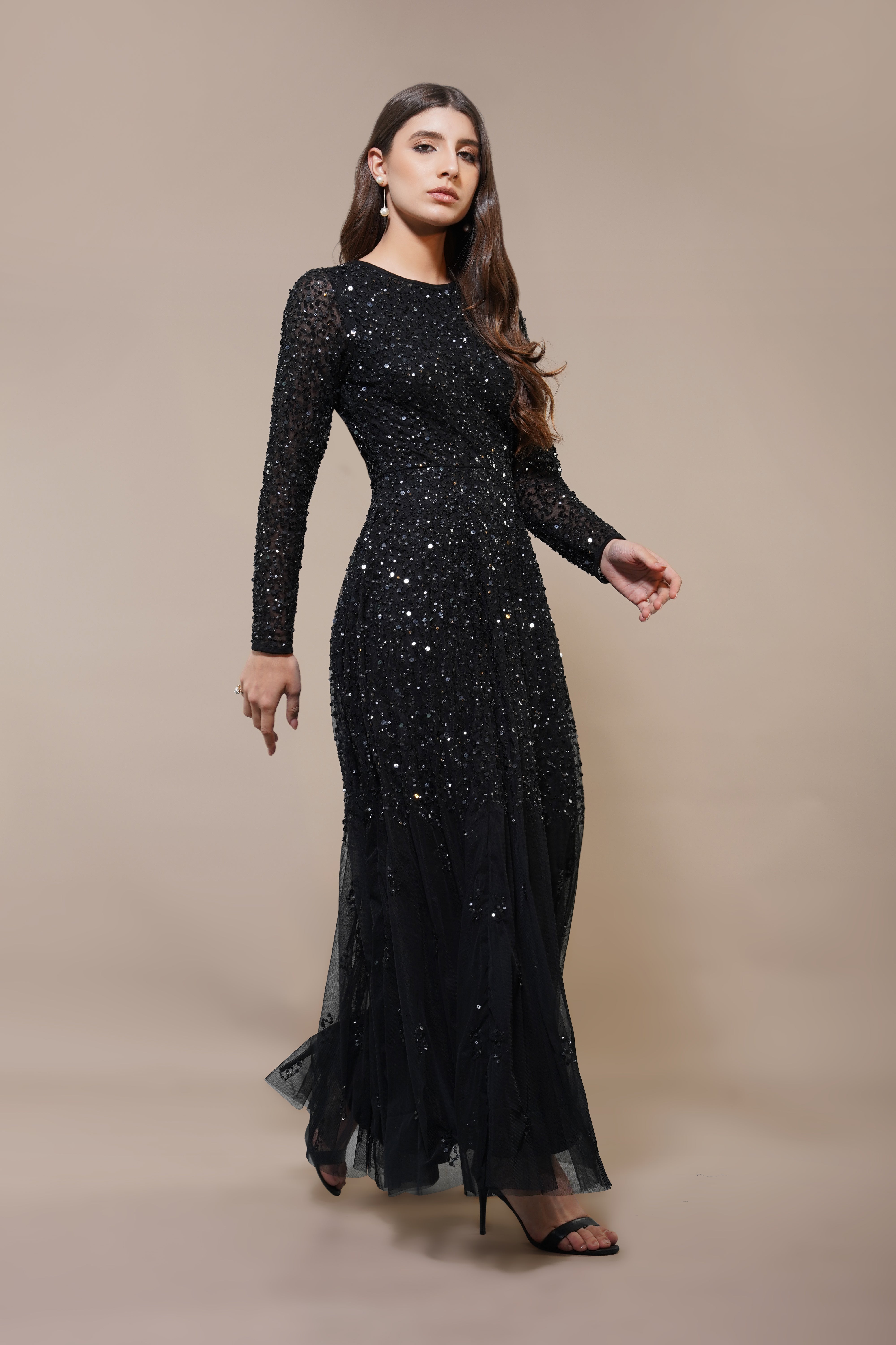 Elegant Black Sila Long Sleeve Embellished Maxi Dress for Women - Perfect for Evening Parties, Weddings & Special Occasions