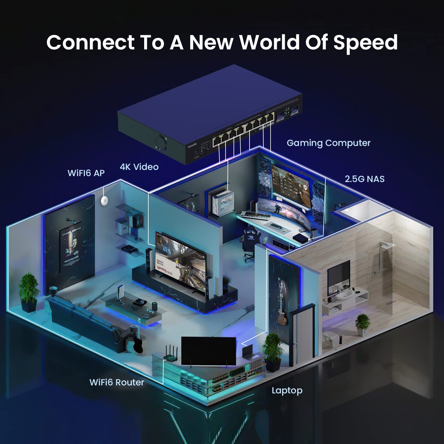 Tenda TEM2010F 10-Port 2.5G Multi-Gigabit Unmanaged Ethernet Switch with 2 SFP Ports, VLAN Support, Static Aggregation, 50Gbps Switching Capacity - Plug & Play for Home Office & Small Business Networks (Desktop/Wall Mount, Black)