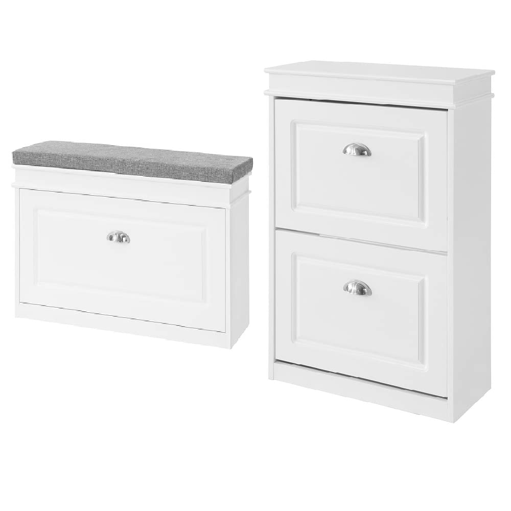 Haotian White Shoe Bench and Storage Cabinet with Cushion Seat - FSR82-L-W & FSR78-W Models - Perfect for Entryway, Mudroom, and Bedroom Organization