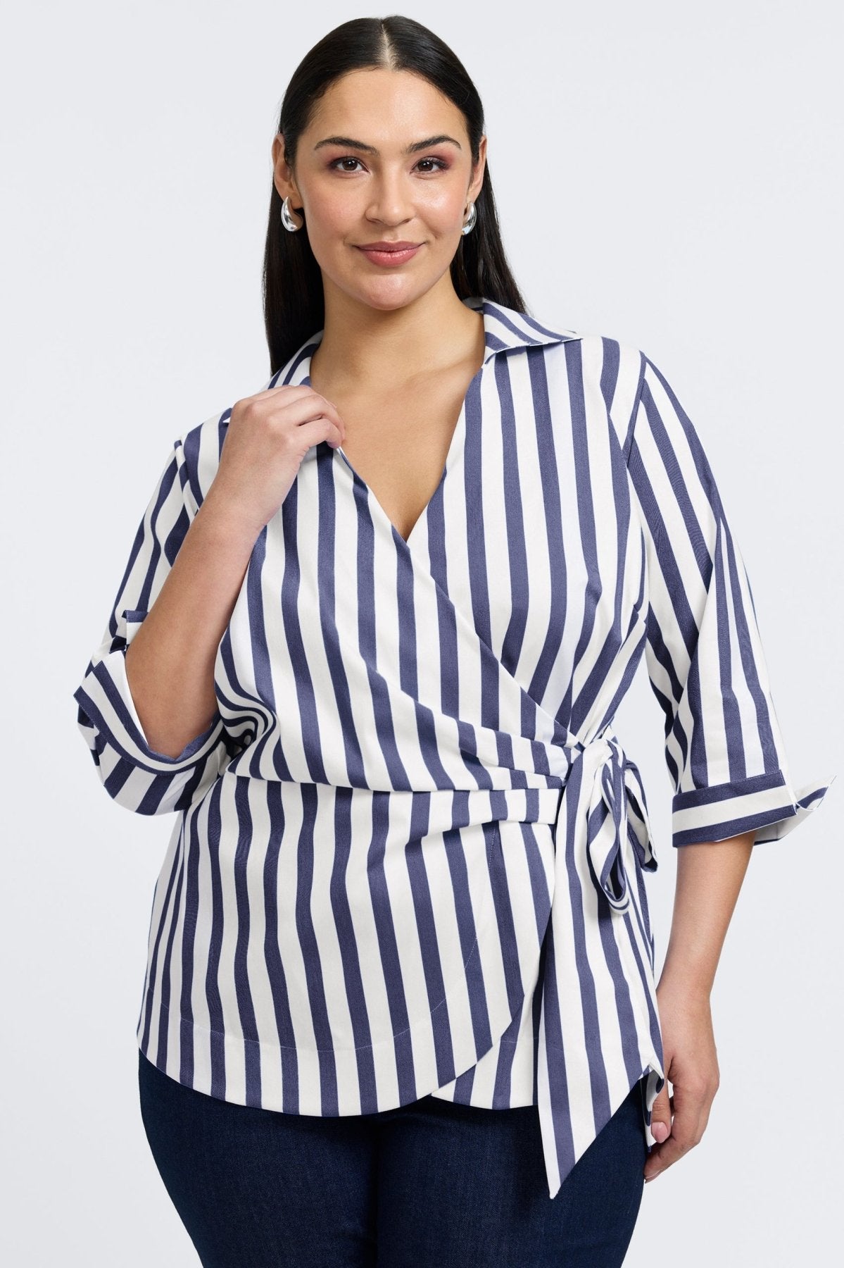 Salina Plus Women's Springtime Stripe 3/4 Sleeve Blouse - Floral Print Casual Top for Office Wear & Spring Outfits