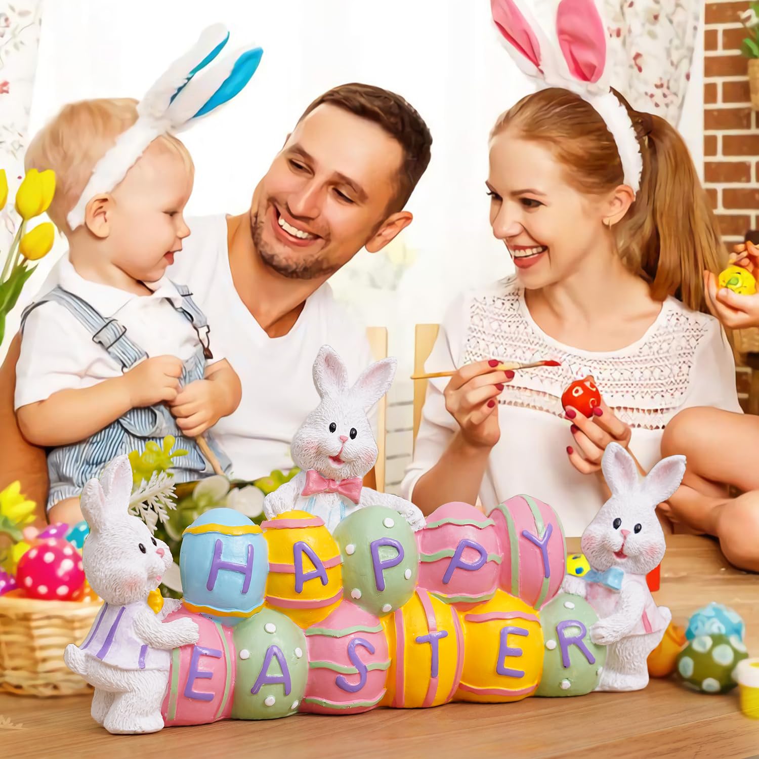 Easter Bunny Figurine with Eggs - Resin Easter Decorations for Spring, Home, Office & Party | Happy Easter Tabletop Centerpiece for Festive Decor