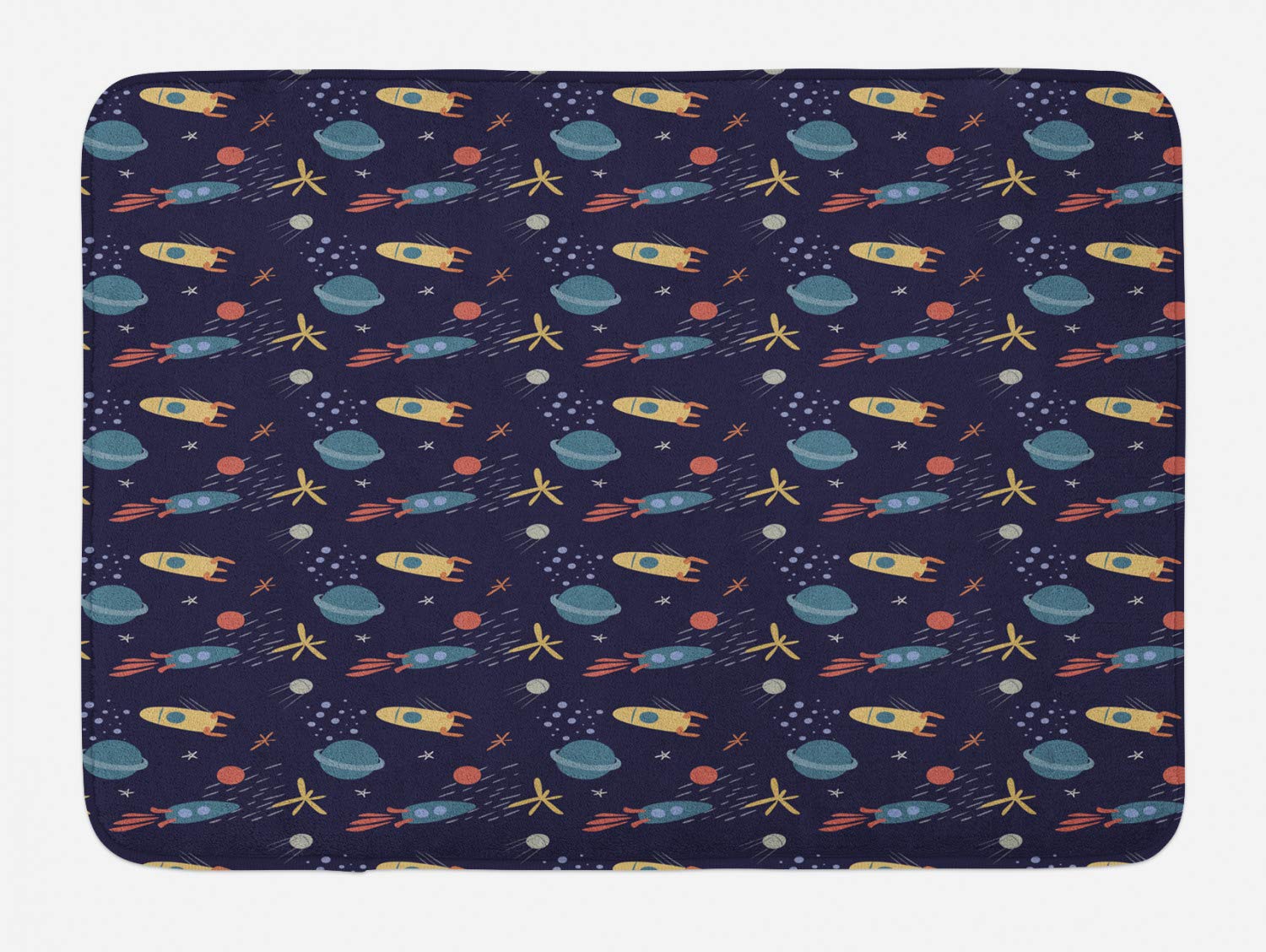Ambesonne Soft Plush Alien Bath Mat with Non-Slip Backing - Space Theme Featuring Stars, Rockets & Planets - 30.2 x 20 Inch Multicolor Bathroom Rug - Perfect for Kids Room, Sci-Fi Decor or Unique Gift
