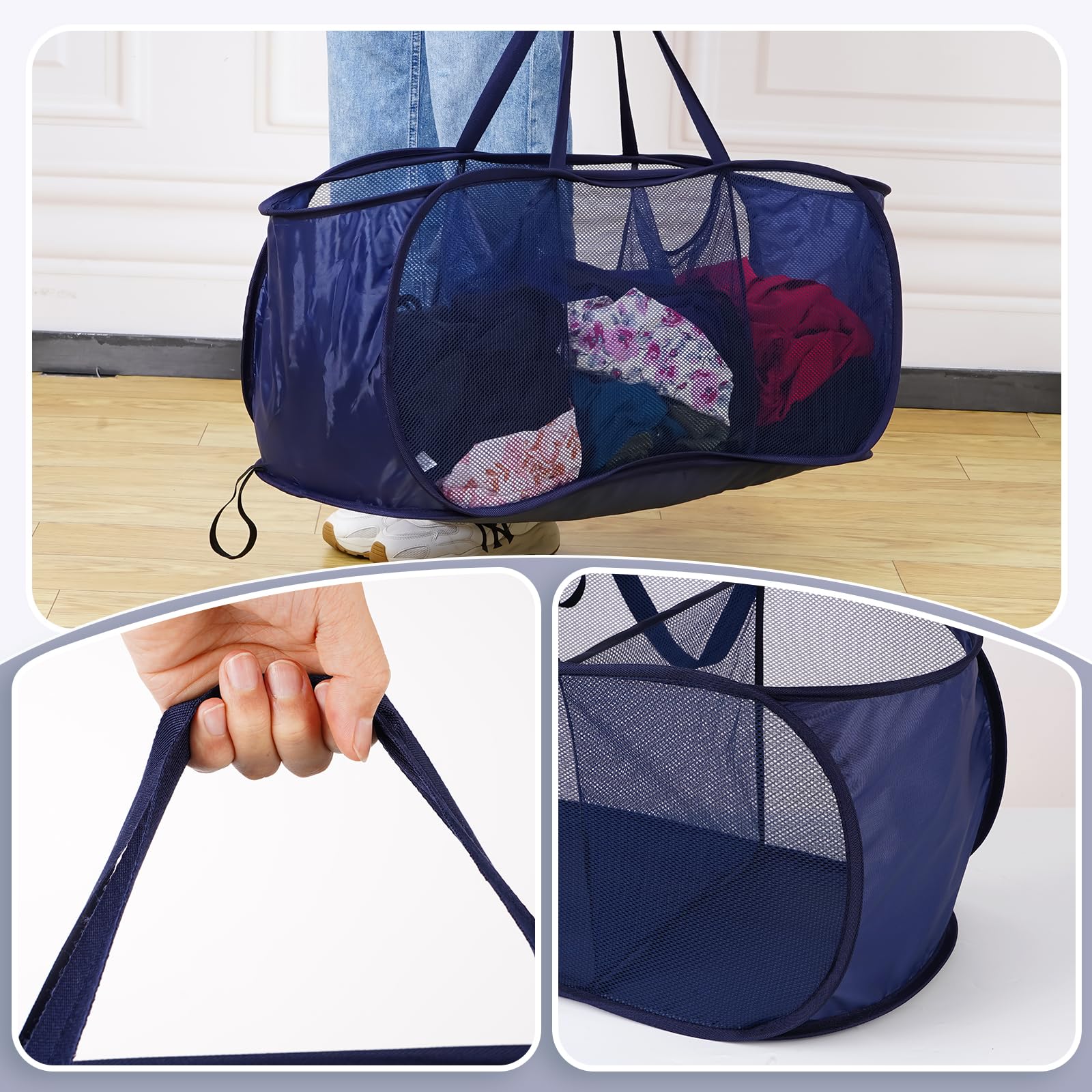 Pop Up Laundry Hamper - 3 Compartment Collapsible Mesh Laundry Basket with Handle, Foldable Clothes Storage Organizer for Home, Travel & Dorm (Navy Blue) | Space Saving & Portable Design for Bedroom, Bathroom & Laundry Room