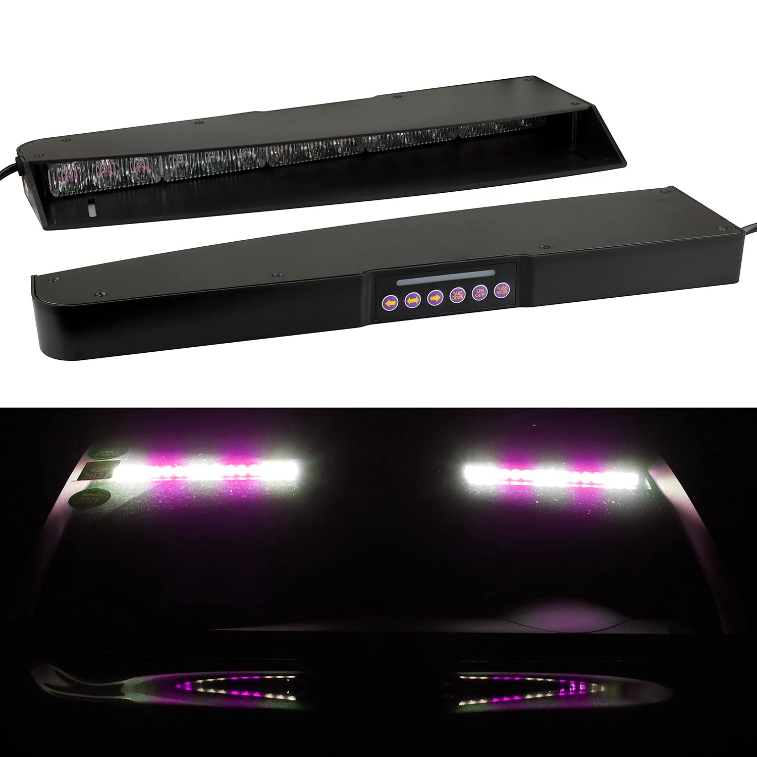ASPL 15 LED Visor Light Bar with 29 Flash Patterns - Purple/White Emergency Strobe Light for Windshield Mount - Police, Security, Construction, and Hazard Warning Use