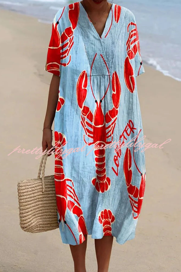 Stylish Marine Print V-Neck Short Sleeve Midi Dress for Women | Beach Vacation, Summer Party & Casual Outfit